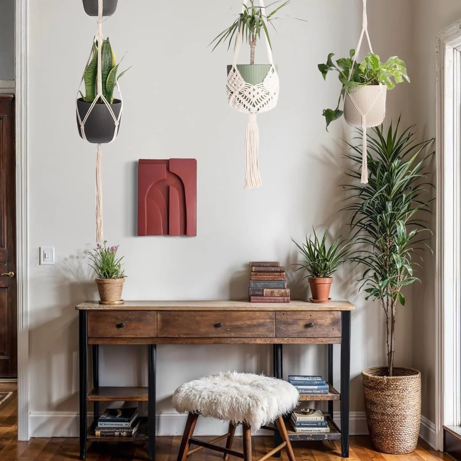Suspension Macramé pour Plante Tissés à La Main 4 Pièces Décoration Maison Jardinage
