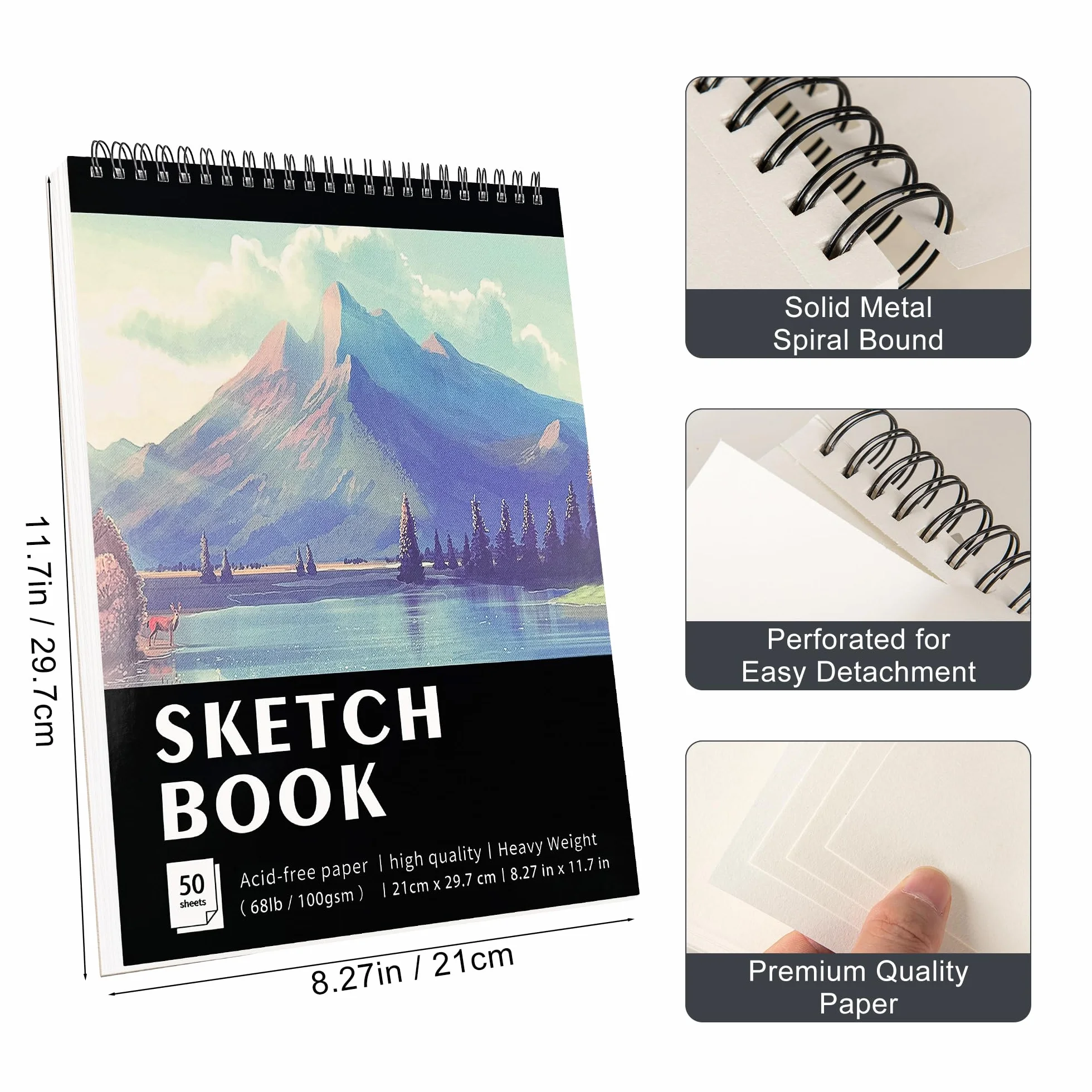 Carnet de croquis A4 reliure spirale KINSPORY 50 feuilles 100 pages 100 g/m² bloc dessin papier sans acide