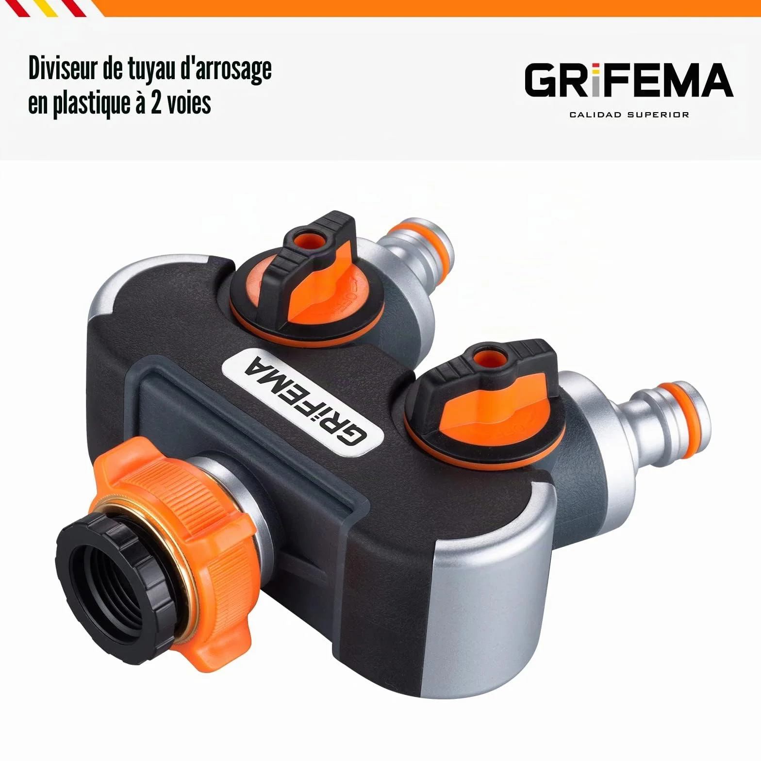 GRIFEMA GE1401-2 Distributeur Arrosage 2 Voies Diviseur de Tuyau avec Interrupteur de Commande Orange/Noir