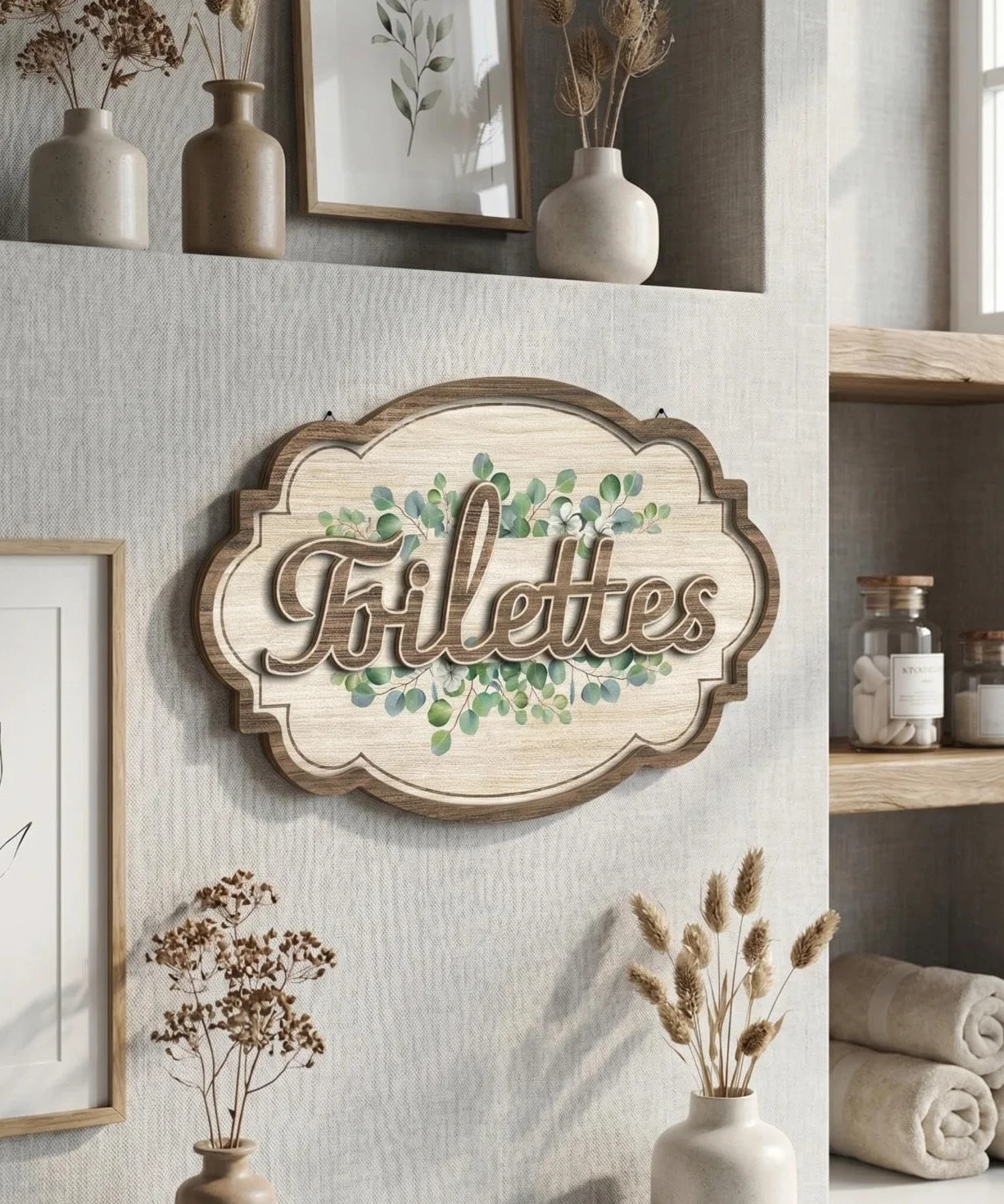 Plaque Murale Toilettes Eucalyptus Décoration Style Rustique MDF Salle de Bain
