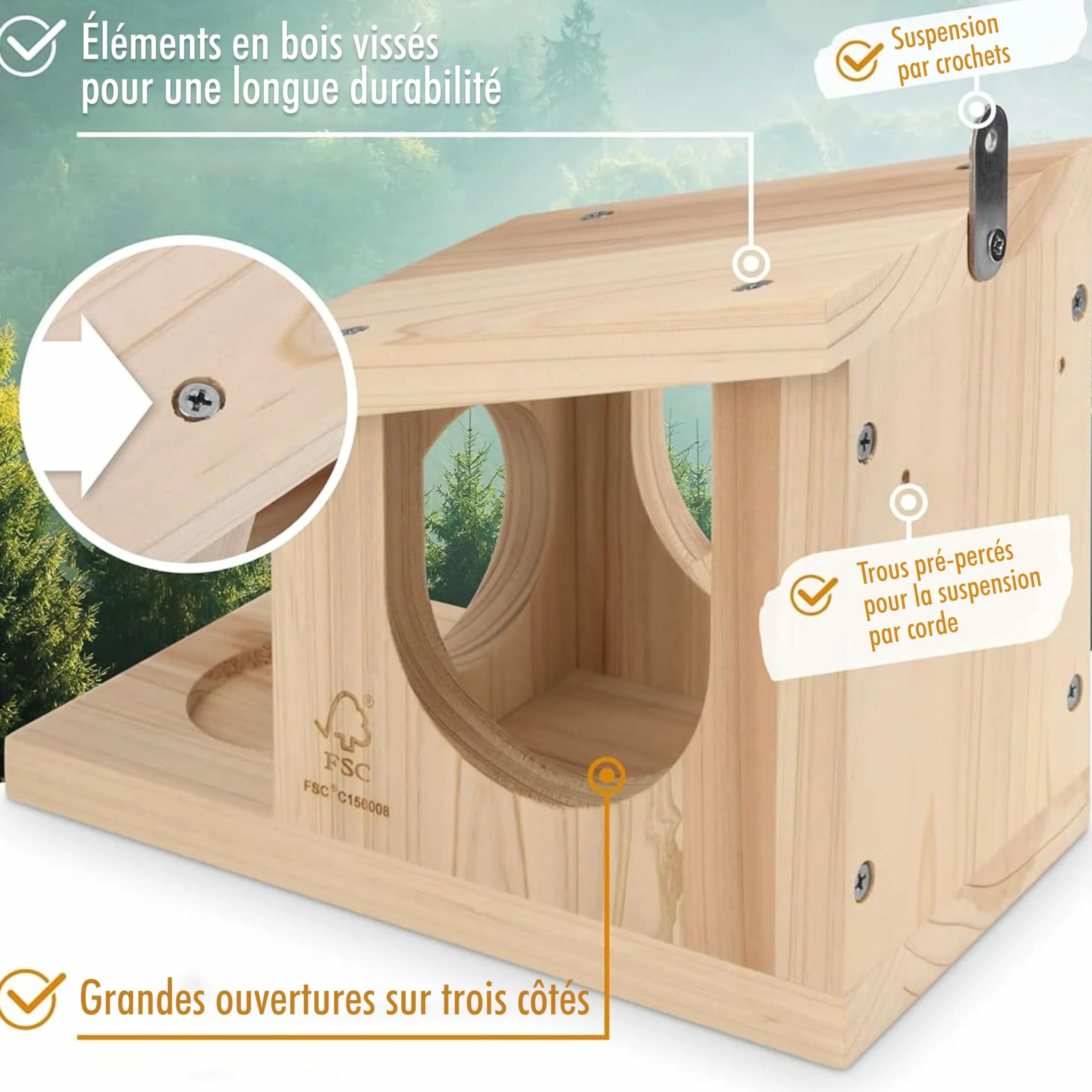 Mangeoire Écureuil en Bois Massif Imperméable Résistant aux Intempéries