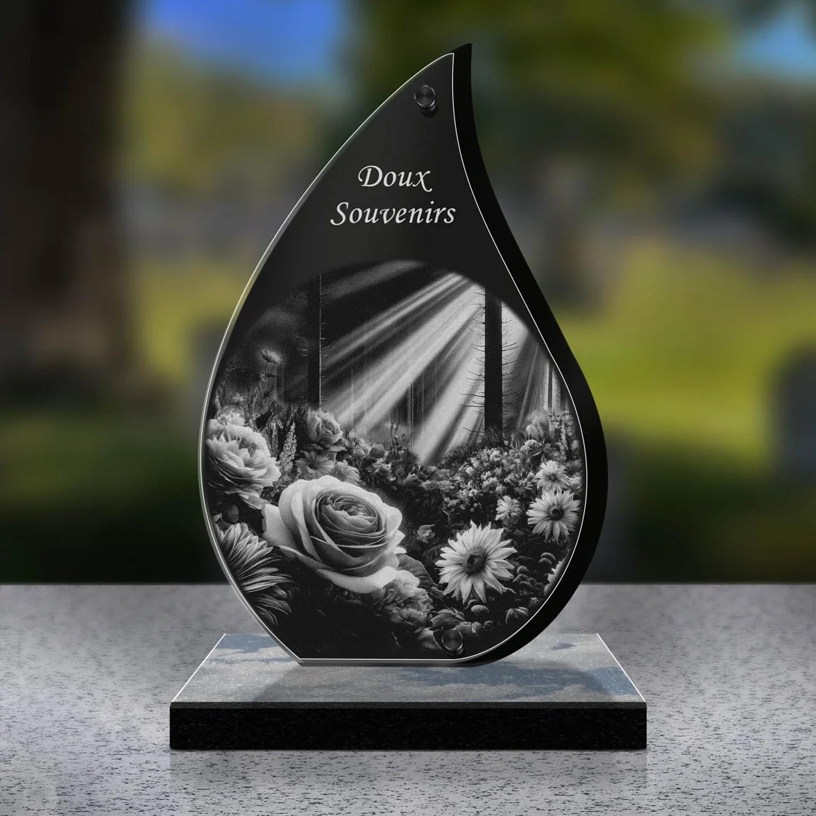 Plaque Funéraire Personnalisée Lueur ETERNEL - Fleurs Rose Pivoine Gravée au Laser pour Hommage Tombale