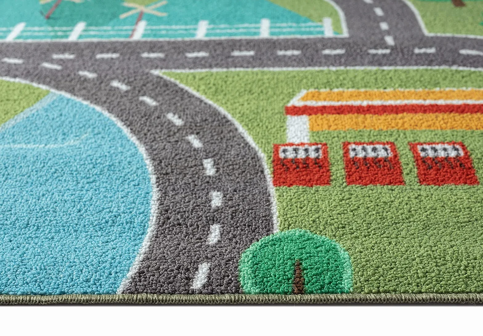Tapis de Jeu Lavable Vert 80 x 150 cm Motif Rue Ville Voitures Happy Life