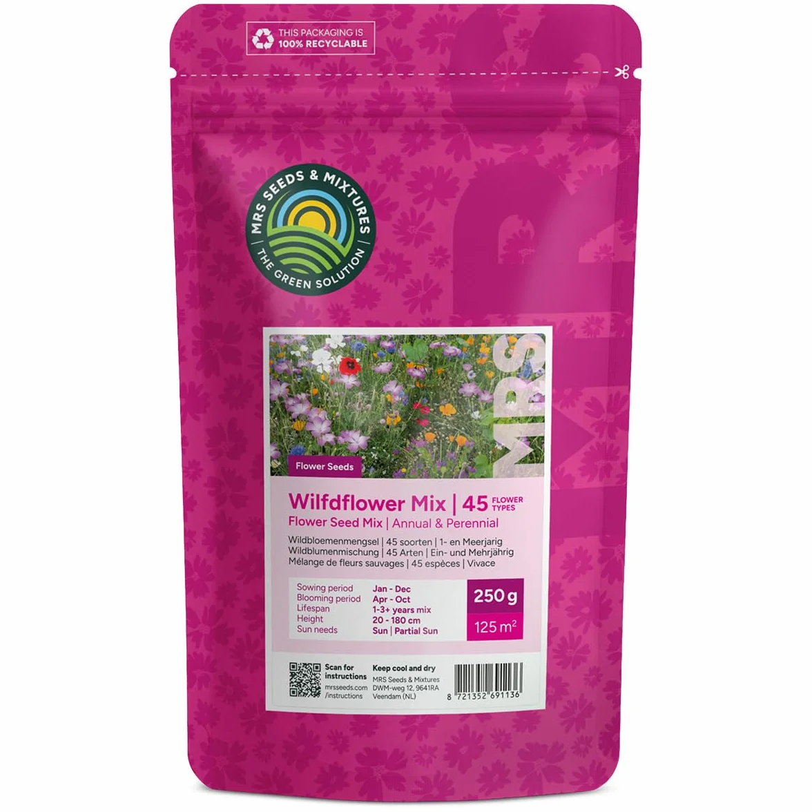 Mélange de fleurs sauvages annuelles et vivaces 250 g 125 m² 62 variétés multicolores nectar abeilles papillons