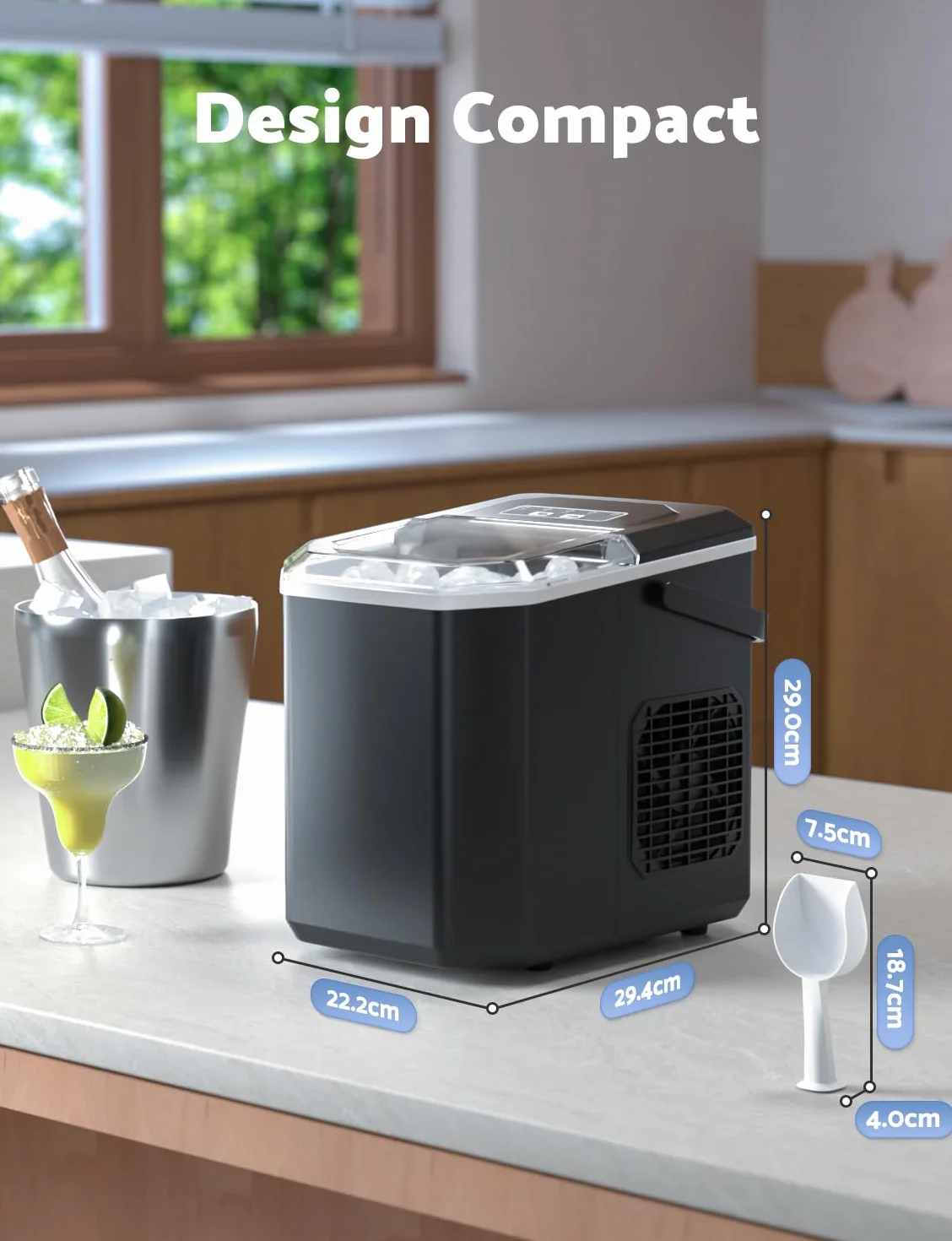 Machine à Glaçons 12kg/24h, 9 Glaçons en 6-8 Minutes, avec Cuillère et Poignée de Transport pour Maison Cuisine Camping
