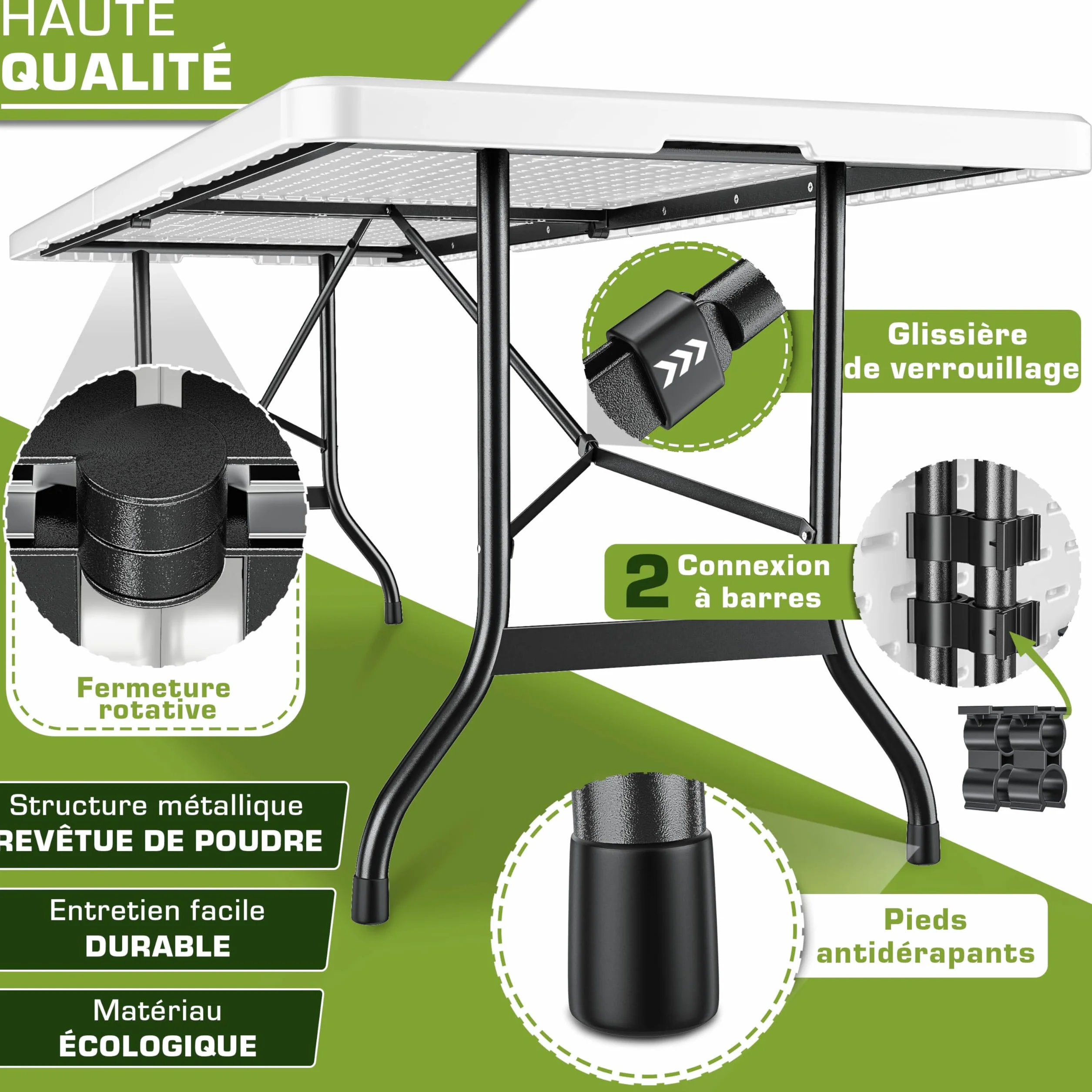 Tillvex Table de Jardin Pliante en Plastique 180x75 cm avec Poignée 8 Personnes