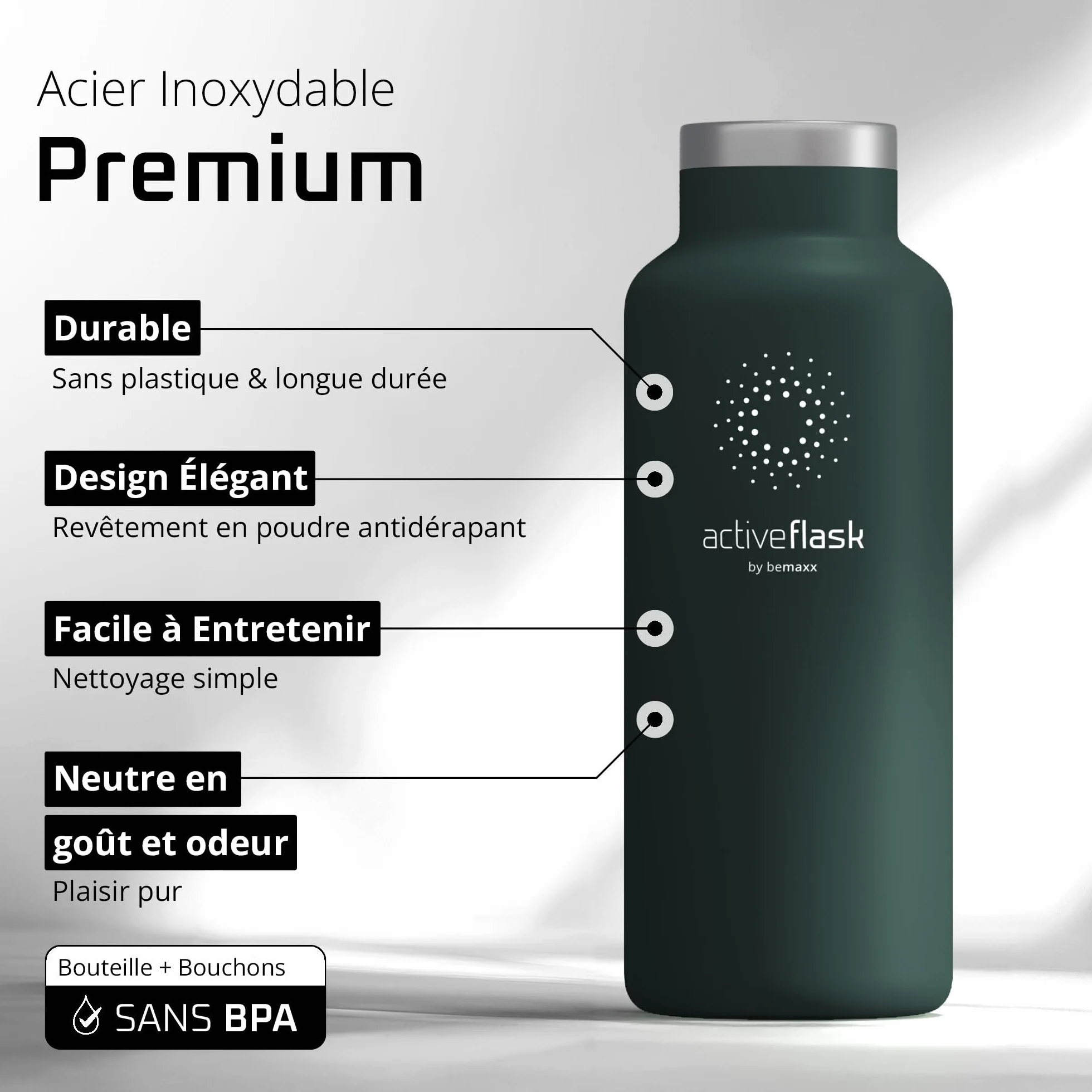 Gourde Inox Isotherme ACTIVE FLASK 1l/500ml sans BPA + Paille (3 Bouchons) | Bouteille d’eau Acier Inoxydable Isolée, Thermos Réutilisable | Camping Velo Sport Running Randonnée Enfant, Café The
