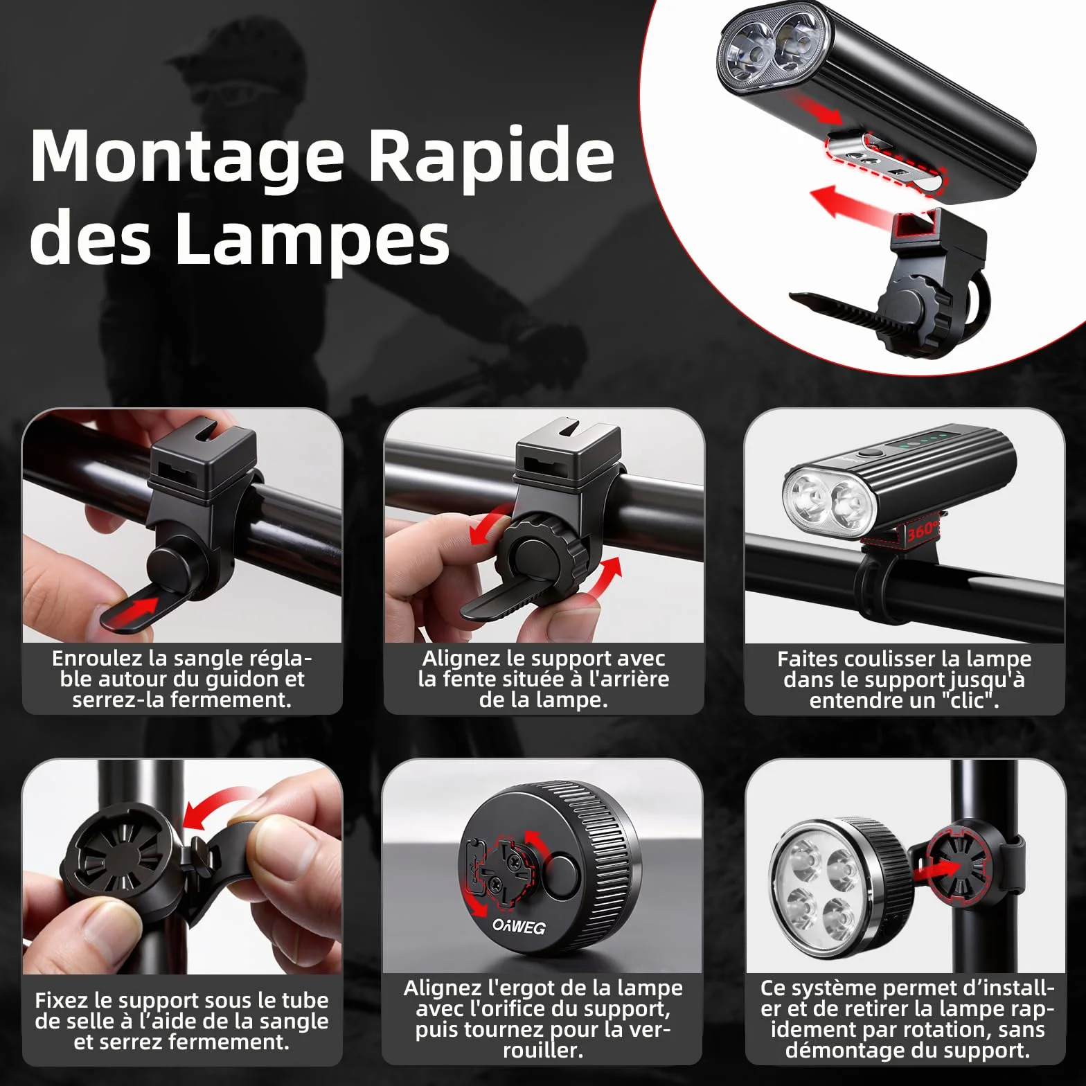 Kit Éclairage Vélo USB Rechargeable, Lampe Avant 700 Lumens, Feu Arrière 280 Lumens, IPX4 Résistant à l’Eau, 5+4 Modes, Support Rotatif 360° pour Vélo Route et VTT