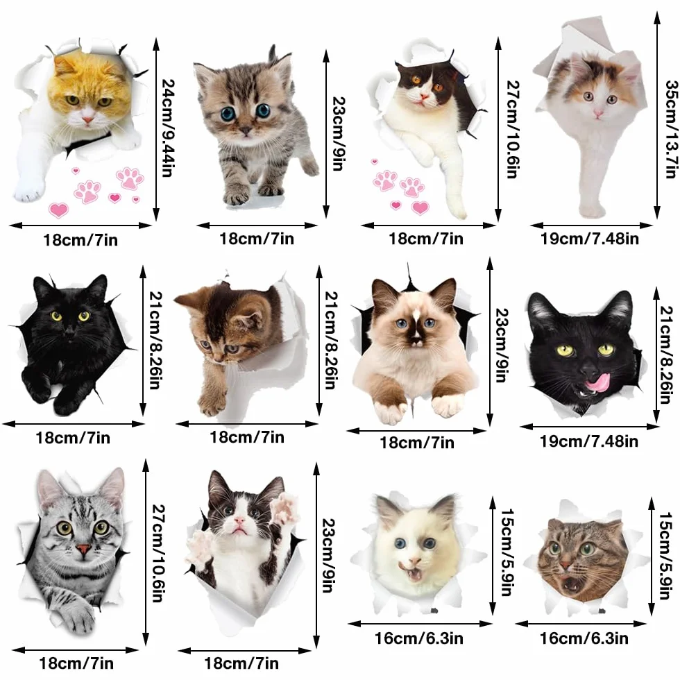 Autocollant Chat 3D Mignon Amovible 12 Pièces Décor Mural Salle de Bain