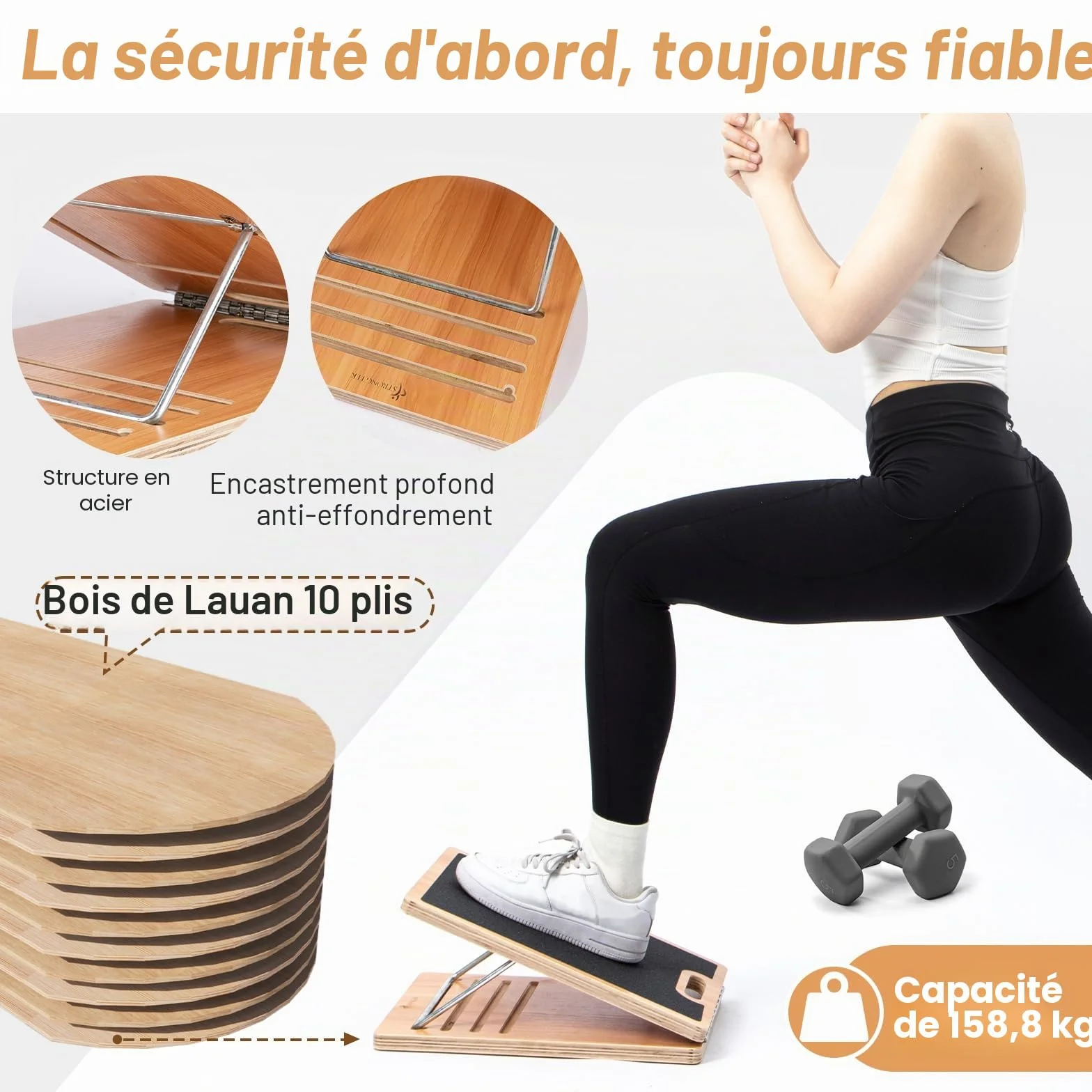 Strongtek planche à découper portable en bois réglable pour étirement mollet maison gym extérieur