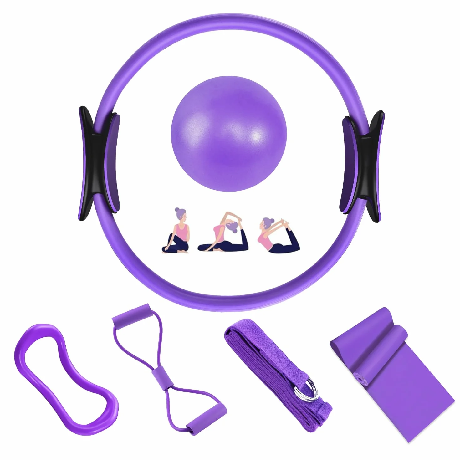 Pilates Ring Set - 6 Pièces, Anneau de Pilates, Ballon de Yoga, Bandes de Résistance, Kit Pilates pour Maison, Kits de Yoga et Pilates Accessoires, Cercle Magique de Fitness Femmes (Violet)