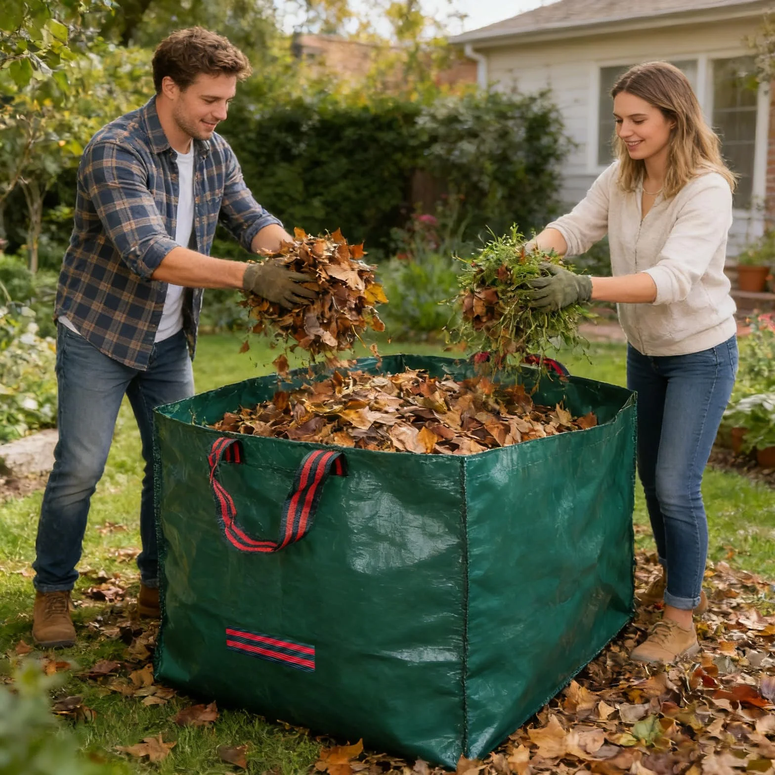Goutime Sac à Feuilles Réutilisable 272L Pliable Jardinage Robuste 3 Poignées Imperméable Sac Déchets Verts Jardin Pelouse