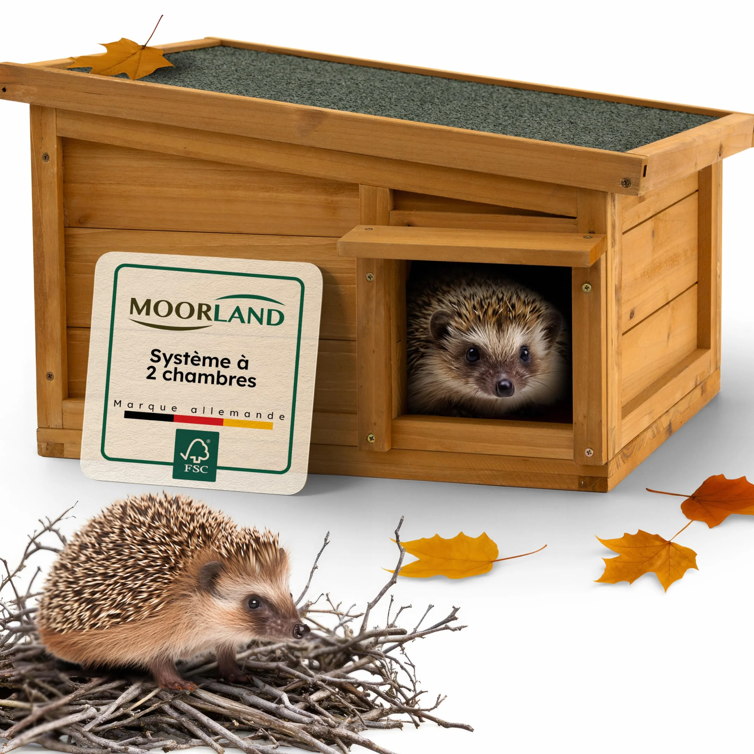 Moorland Cabane pour Hérissons en Bois FSC 45×41 cm – Maison Herisson Extérieur avec Toit Étanche & Amovible, Entrée Labyrinthe Ventilée – Modèle IH2
