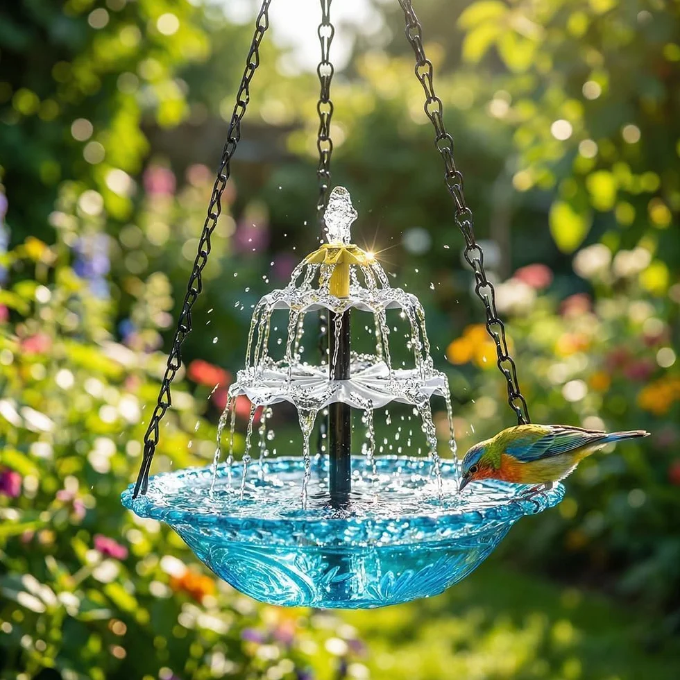 Fontaine Solaire Oiseaux Abreuvoir Suspendu Cascade Pompe Solaire Attire Colibri Bleu