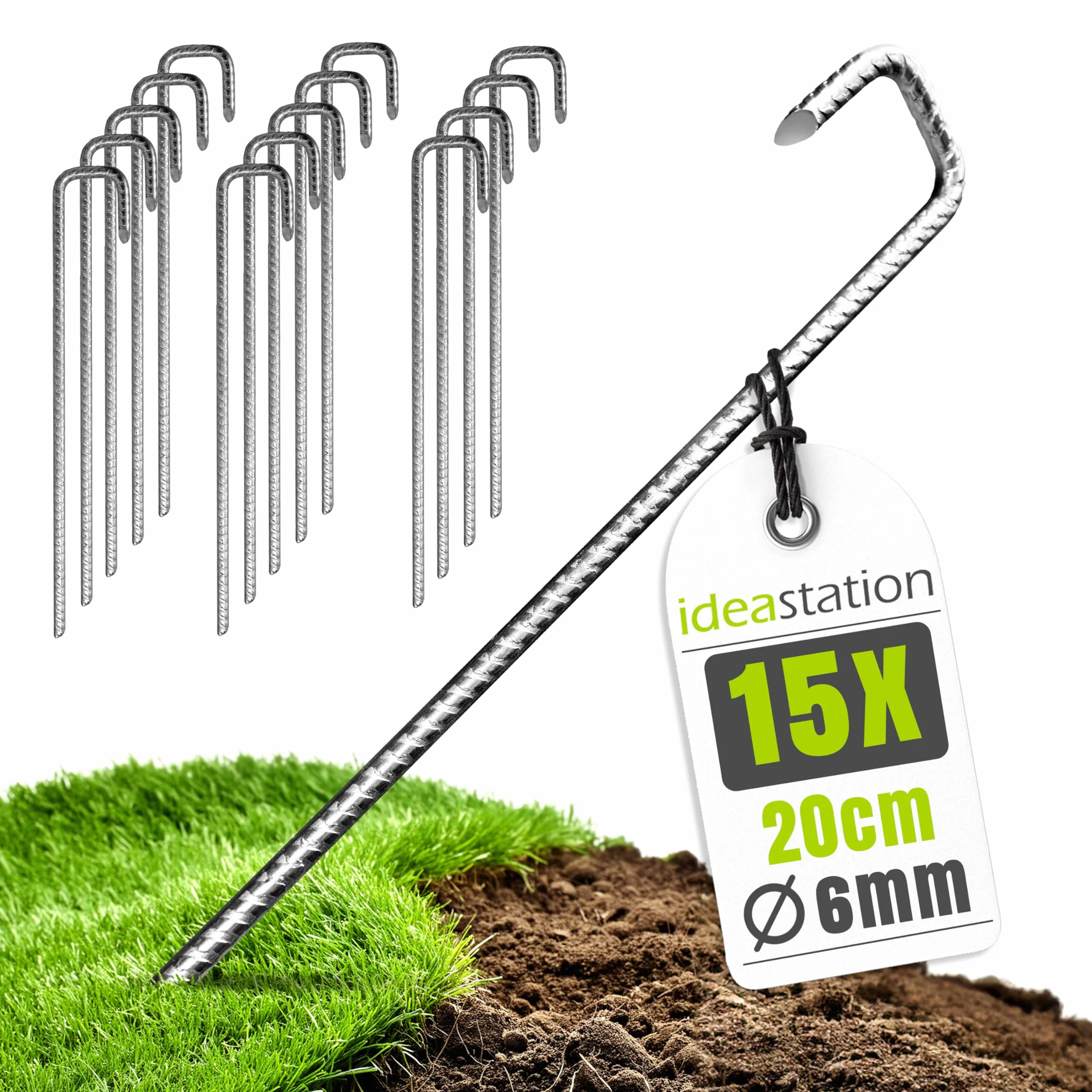 piquets de Tente 15 pièces - 20 cm de Long - Ø 6 mm - antirouille en Acier renforcé - Stables pour tentes et Camping