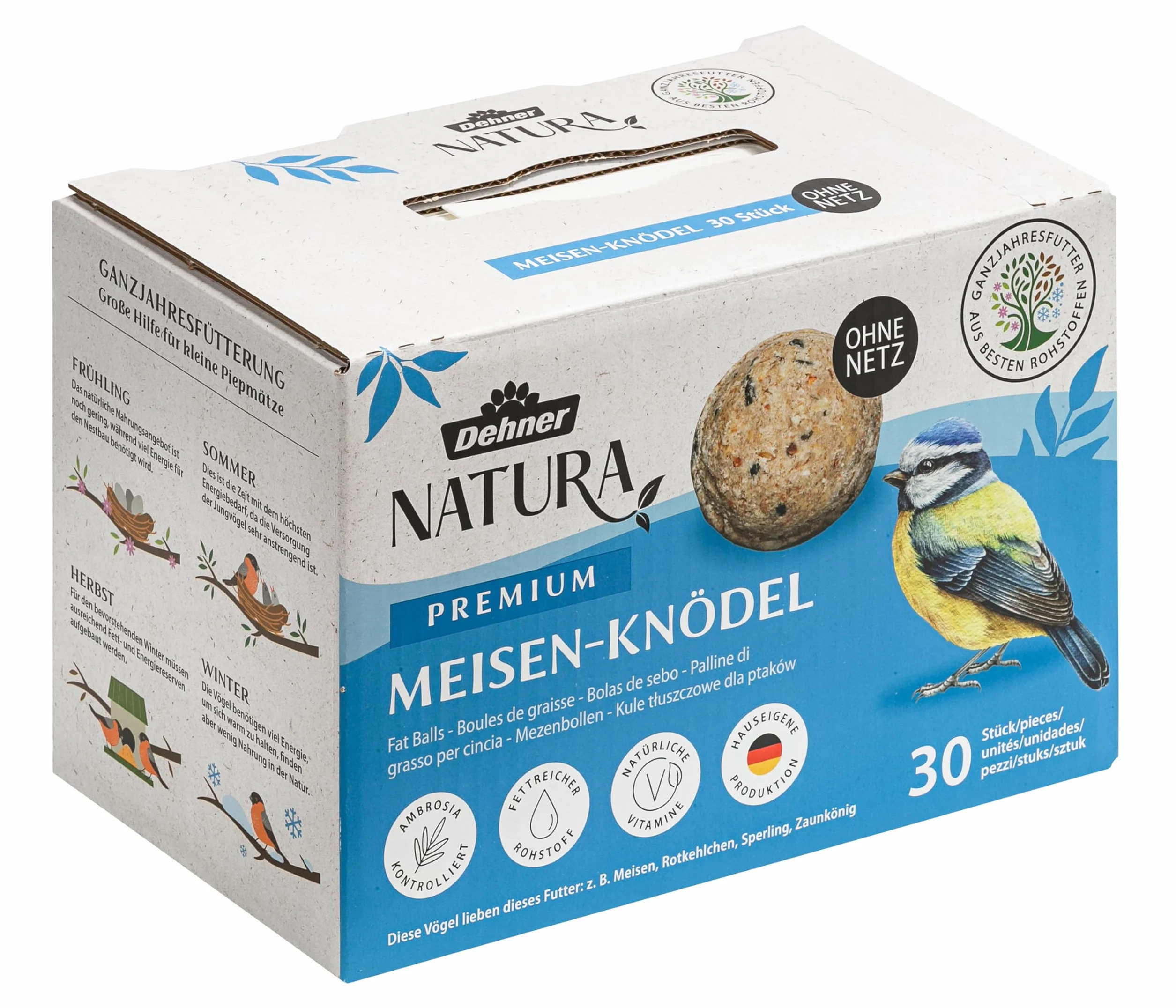 Dehner Natura Premium Nourriture pour Oiseaux Sauvages, Boules de Graisse sans Filet 30 pièces 2,7 kg