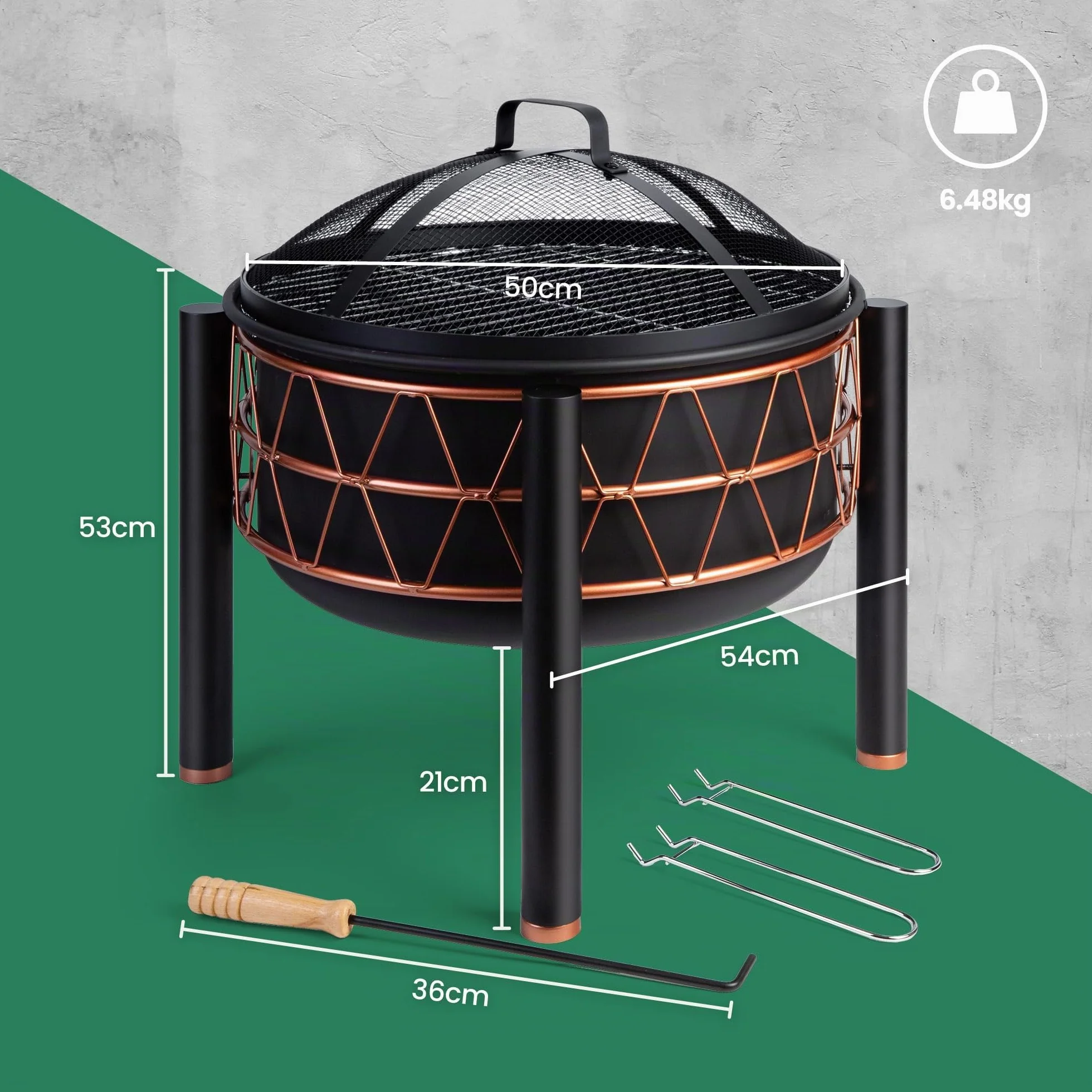 VonHaus Brasero 2-en-1 avec Grille BBQ Jardin Terrasse Extérieur Acier Noir Détail Cuivre Tisonnier Couvercle Maille Inclus Bois Charbon
