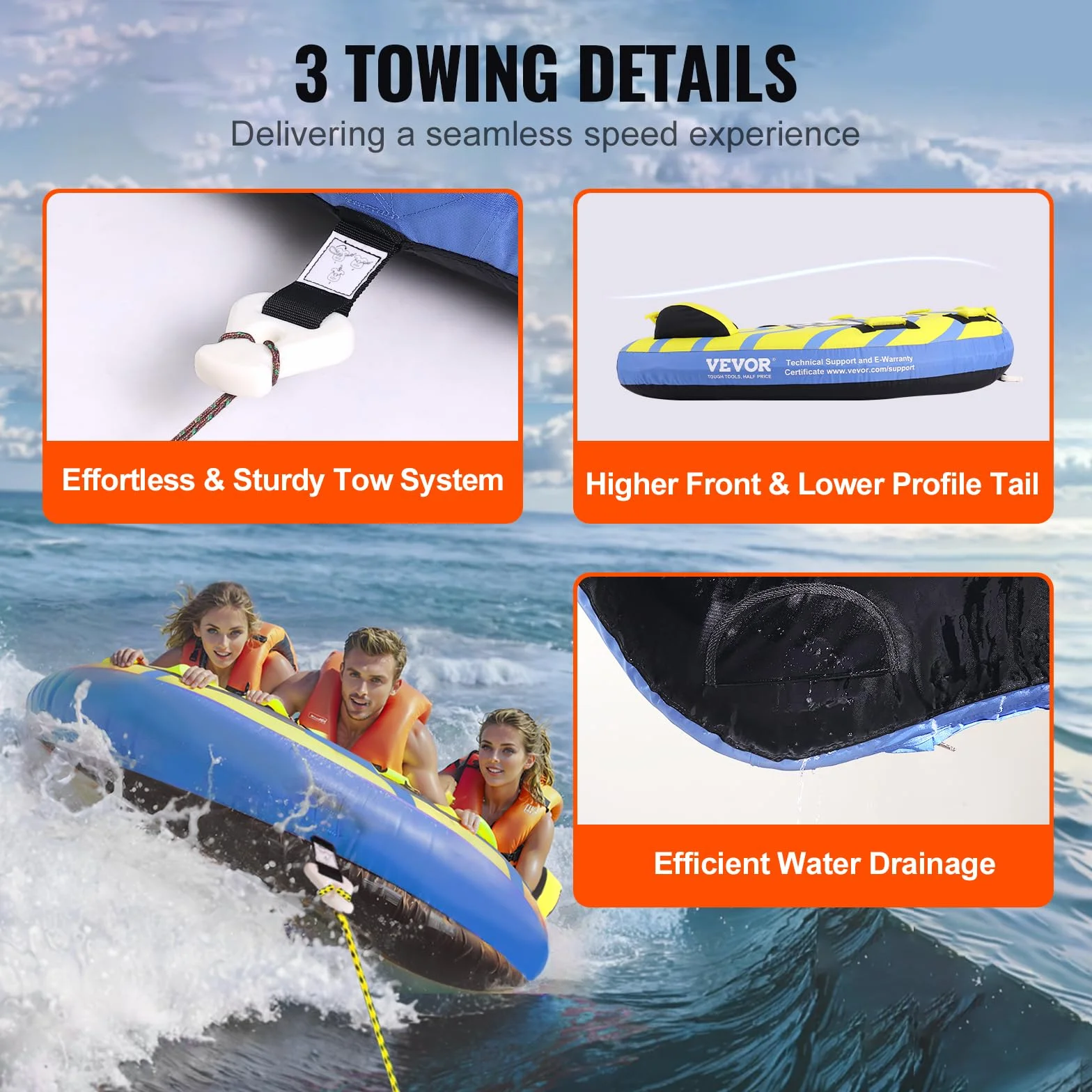 VEVOR Bouée tractée Gonflable pour Bateau, 1 à 3 passagers, Tube remorquable avec ailerons de Pare-Chocs, 231 kg, pour Sport Nautique, Housse en Nylon, poignées en EVA, soupape de sécurité de Vitesse
