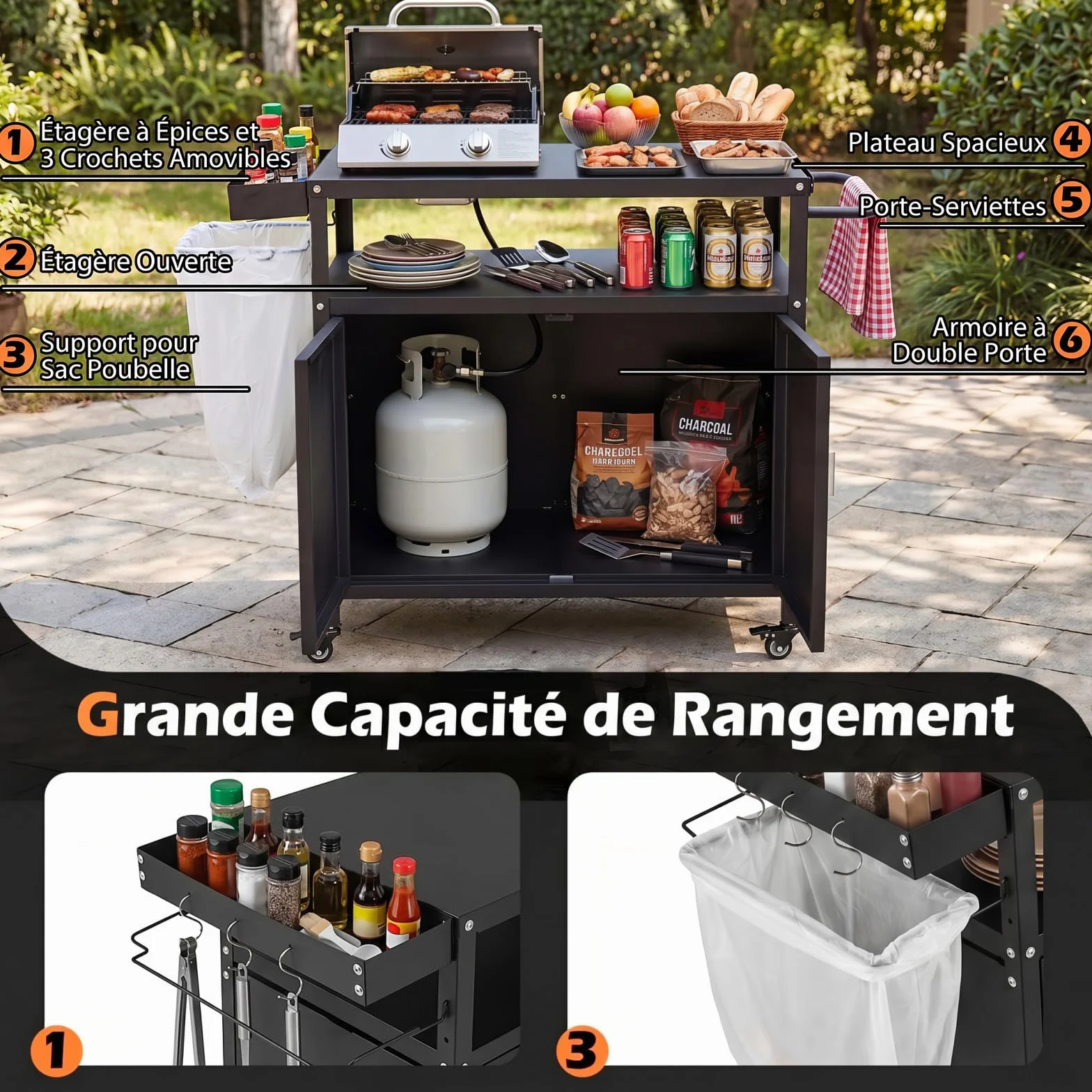 COSTWAY Chariot de Barbecue à roulettes 109 x 45 x 89 cm avec Rangement et Porte-Serviettes