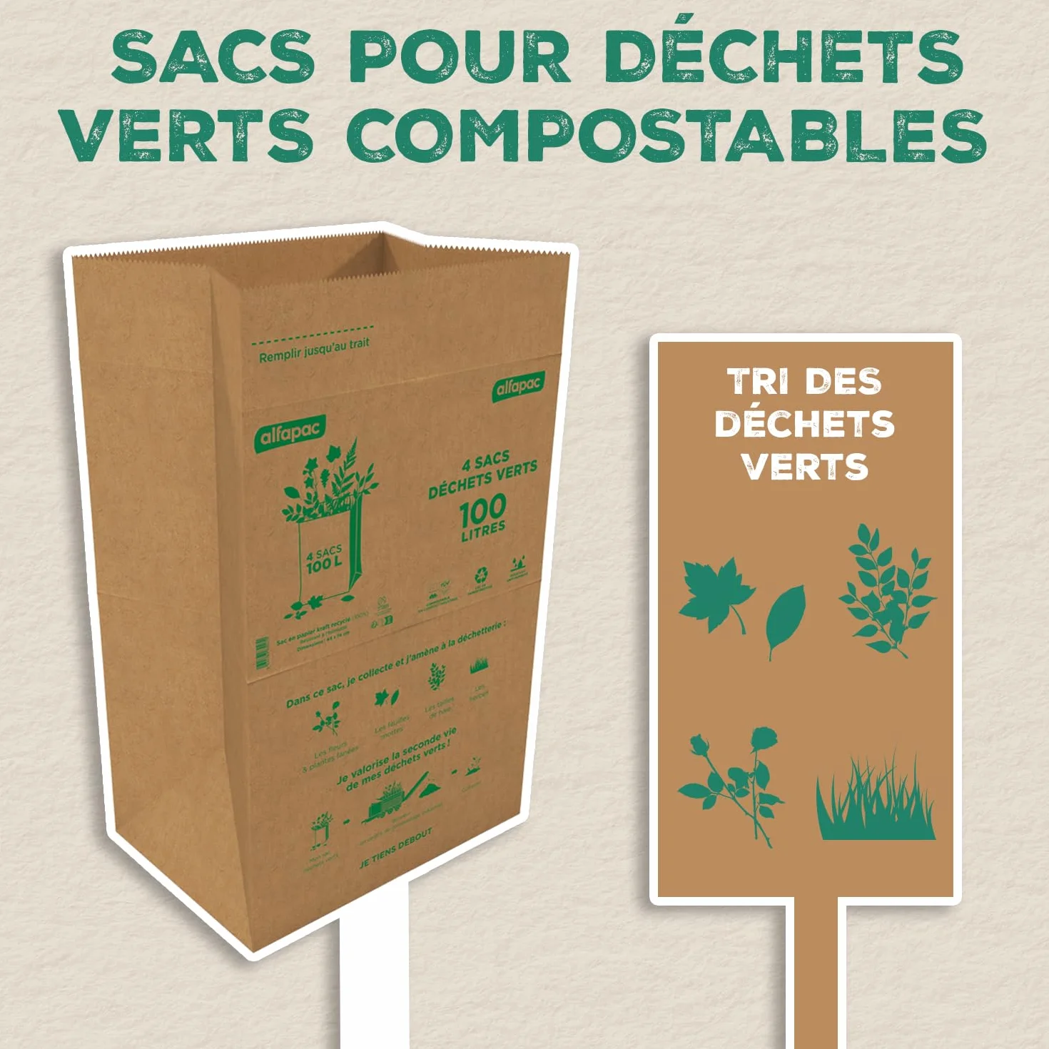 Sacs Déchets Verts en Papier Kraft Compostables Fond Plat 4 x 100L