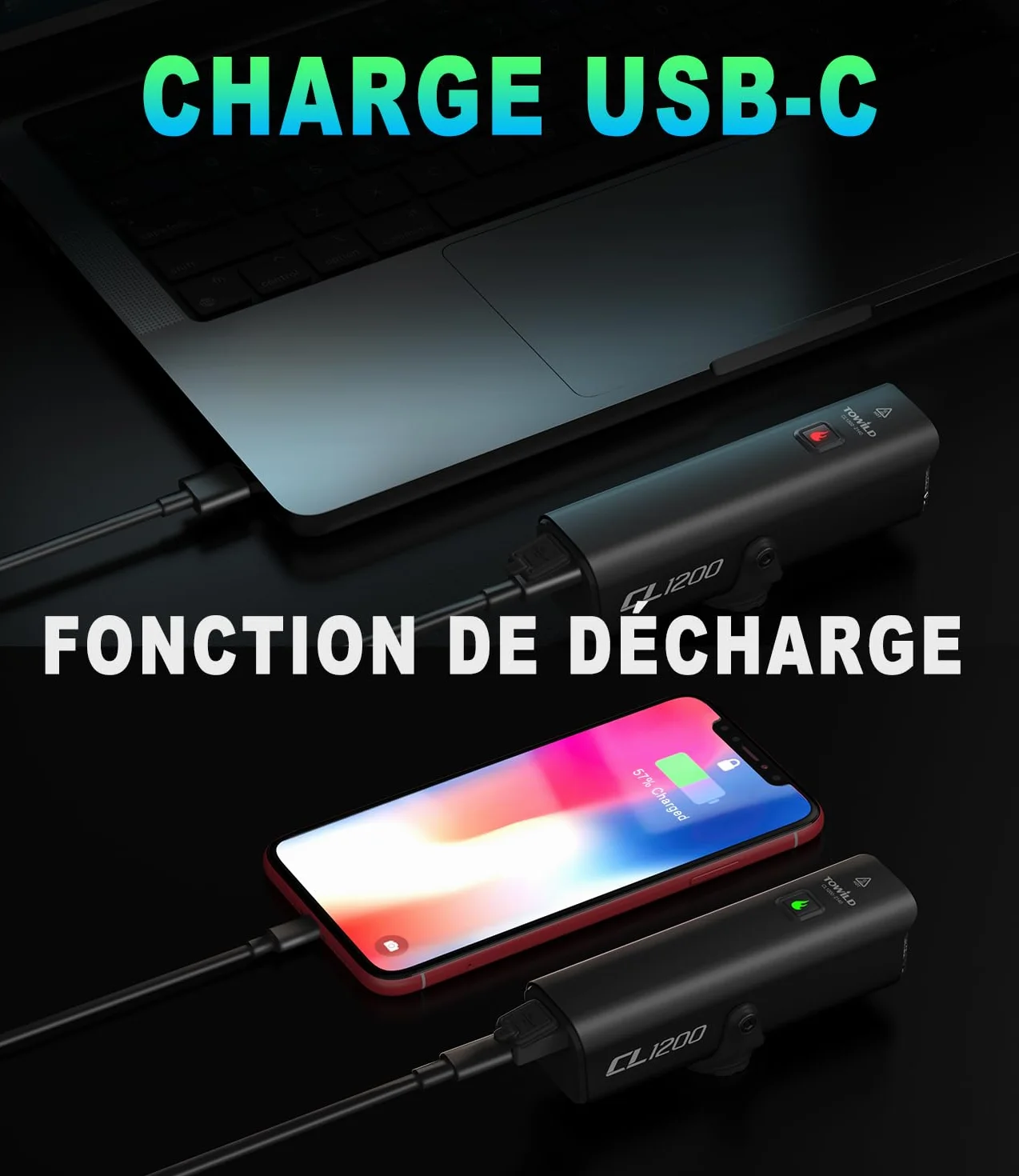 Éclairage Vélo 1200 Lumens - Phares de Cyclisme étanches IPX6 Lampe Velo Rechargeable 4000mAh, Lumière de vélo Intelligente pour Les trajets Quotidiens/VTT, Prend en Charge l'installation Inverse