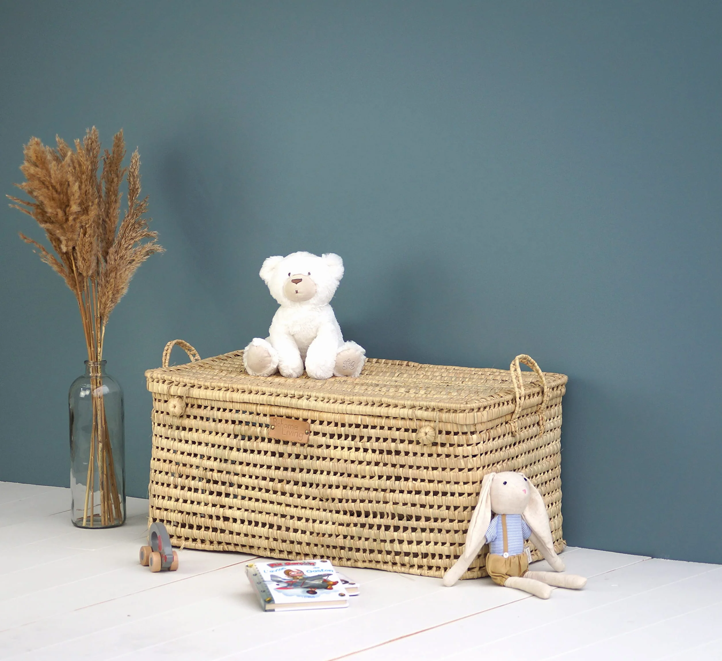 Coffre de Rangement Osier Tressé 80cm Déco Bohème Chic