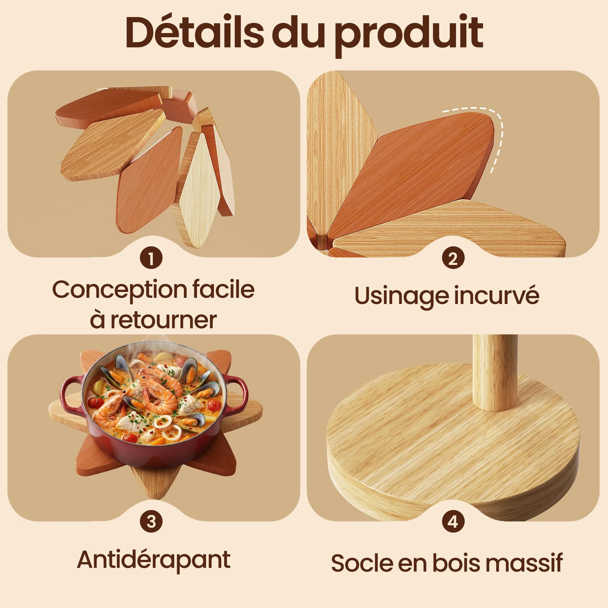 Dessous de Plat Isolé en Bois et Bambou Marron Beige 15cm Résistant Plats Chauds Décoratif Pratique