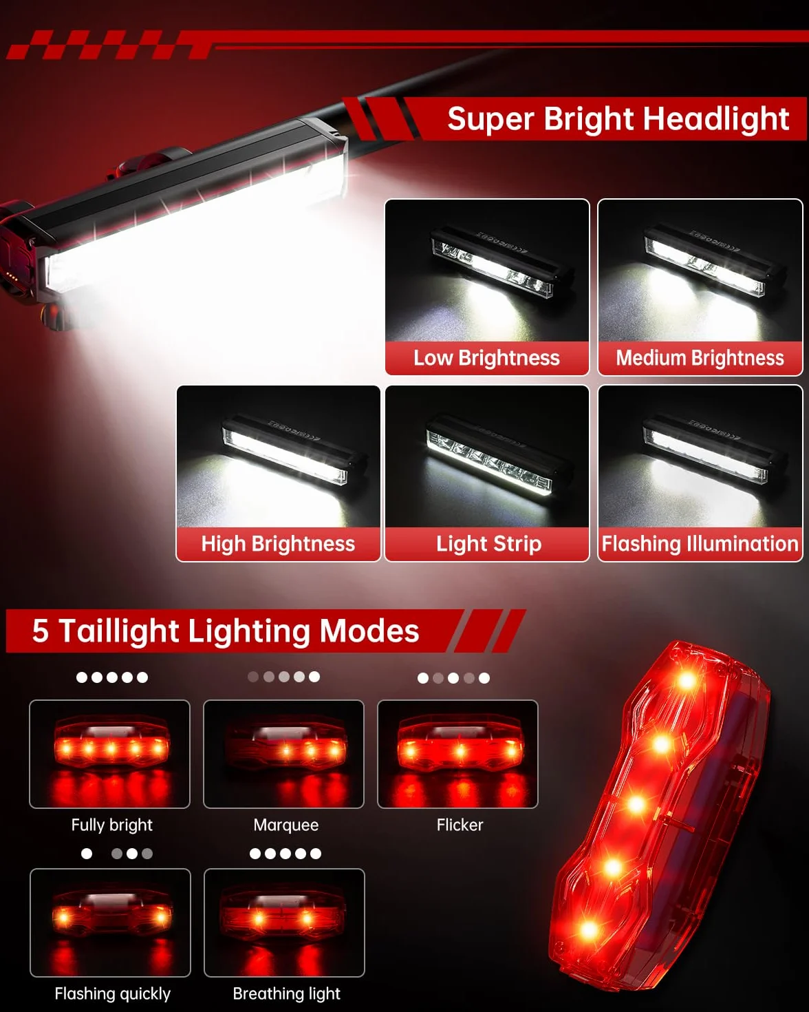 POSUGEAR Lumiere Velo, Lampe Velo Avant et Arriere USB Rechargeable, Ultralégère en Aluminium Eclairage Velo LED Puissantes, IPX5 Phare Velo et Feu Arriere Velo Accessoires pour VTT, VTC, Route