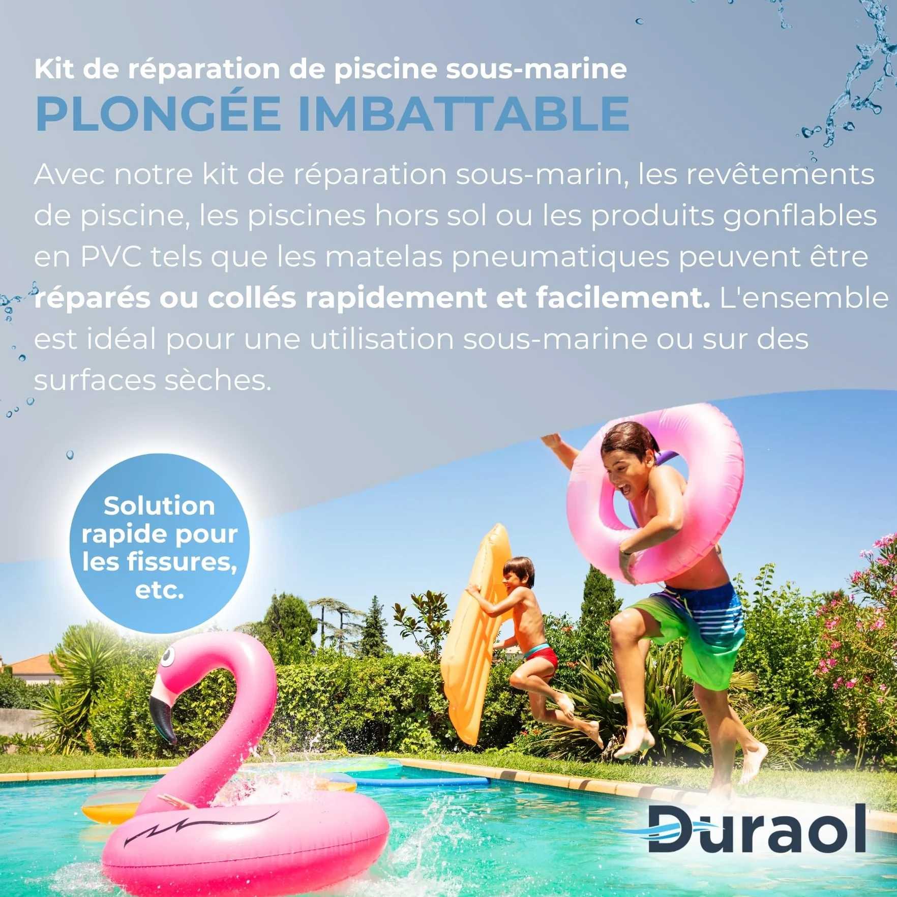 Kit de Réparation Piscine sous l'eau, Colle & 2 Rustines 20 x 9,5 cm, Réparation Gonflables PVC & Liners