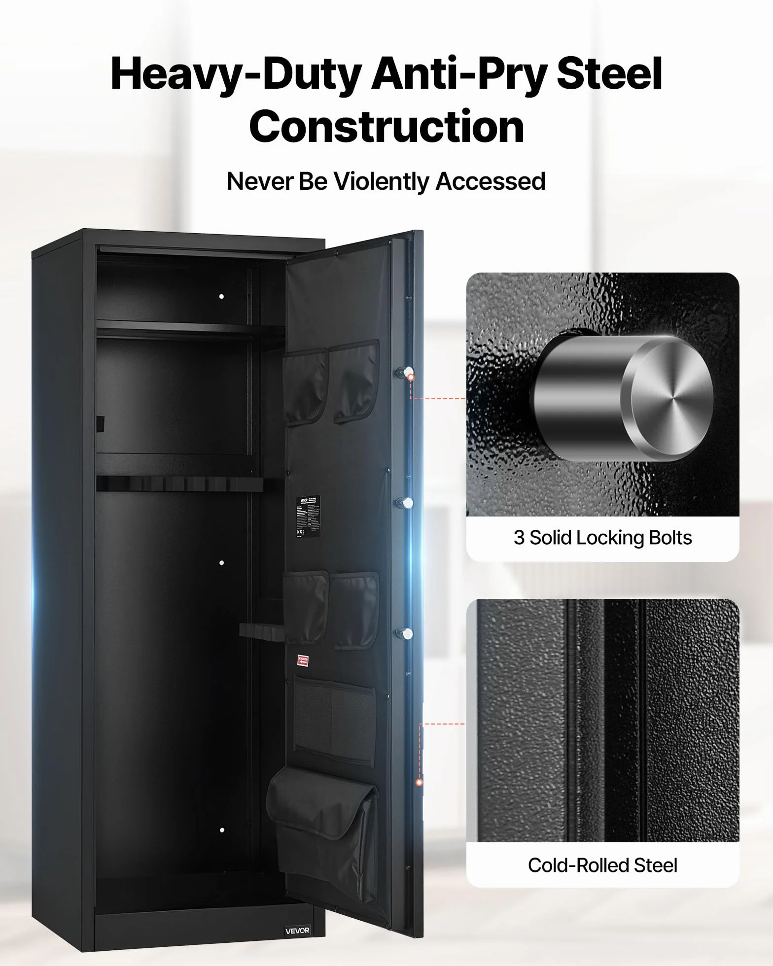 VEVOR Armoire à 10-12 Fusils, Coffre-Fort pour Armes à Feu 2 Façons de Verrouillage par Clavier Numérique et Clés, avec 4 Poches pour Pistolets et 3 Supports Réglables, Accès Rapide, pour Domicile