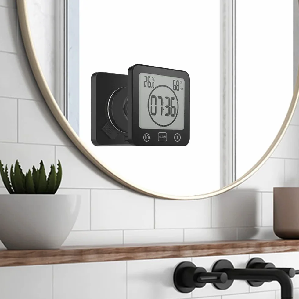 Horloge de Salle de Bain Numérique à Ventouse avec Écran LCD - Affichage Humidité Température et Minuteur - Noir
