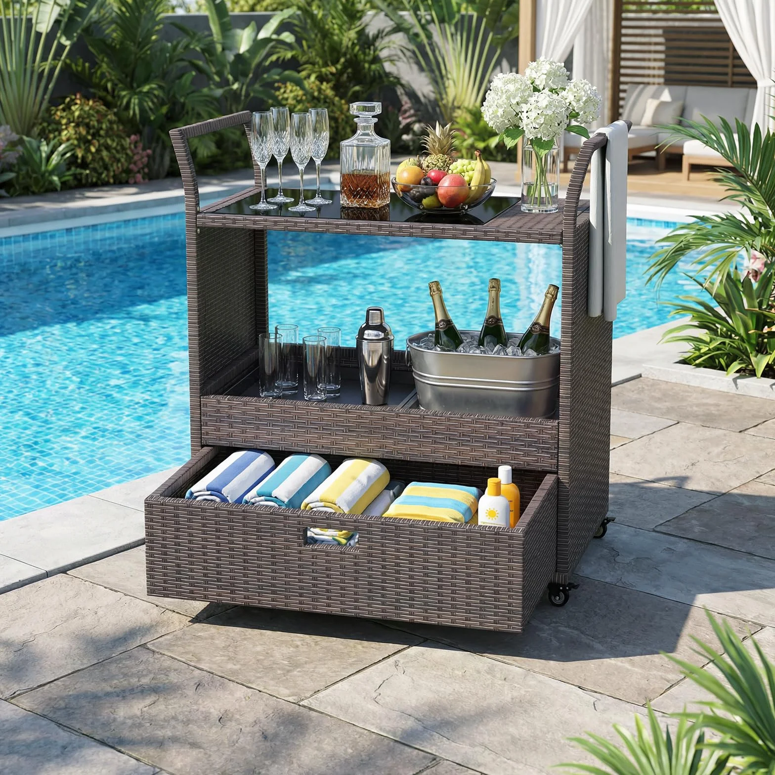 SOARS Desserte Exterieur Rotin PE Chariot Plancha Roulettes Plateau Verre Barbecue Jardin Patio