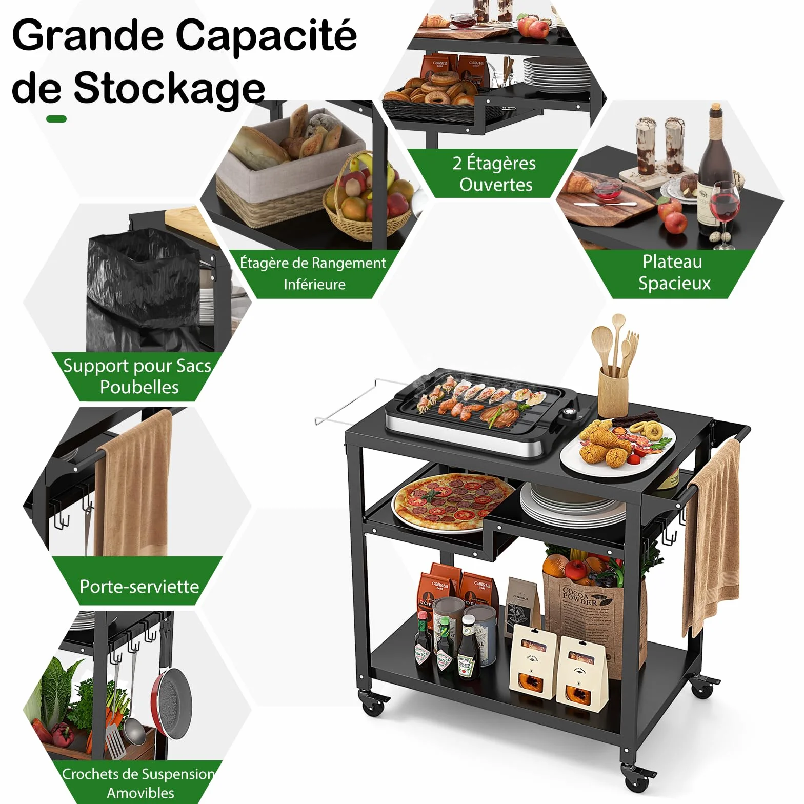 GOPLUS Desserte Jardin Exterieur Chariot Barbecue 4 Roues 4 Crochets Étagère 111x50.5x93 cm Charge 50kg