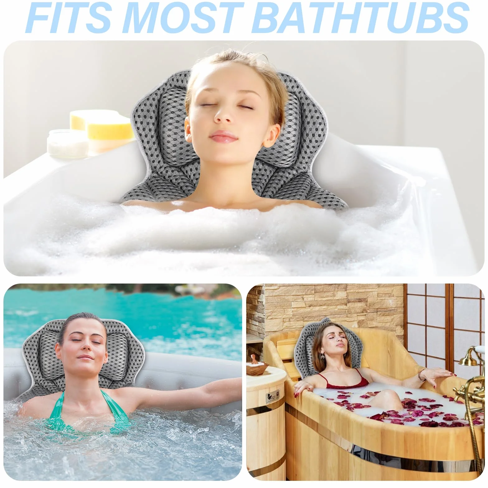 Oreiller de Bain avec 2 Ventouses Puissantes, Coussin Air Mesh 4D pour Ergonomique Dos Cou