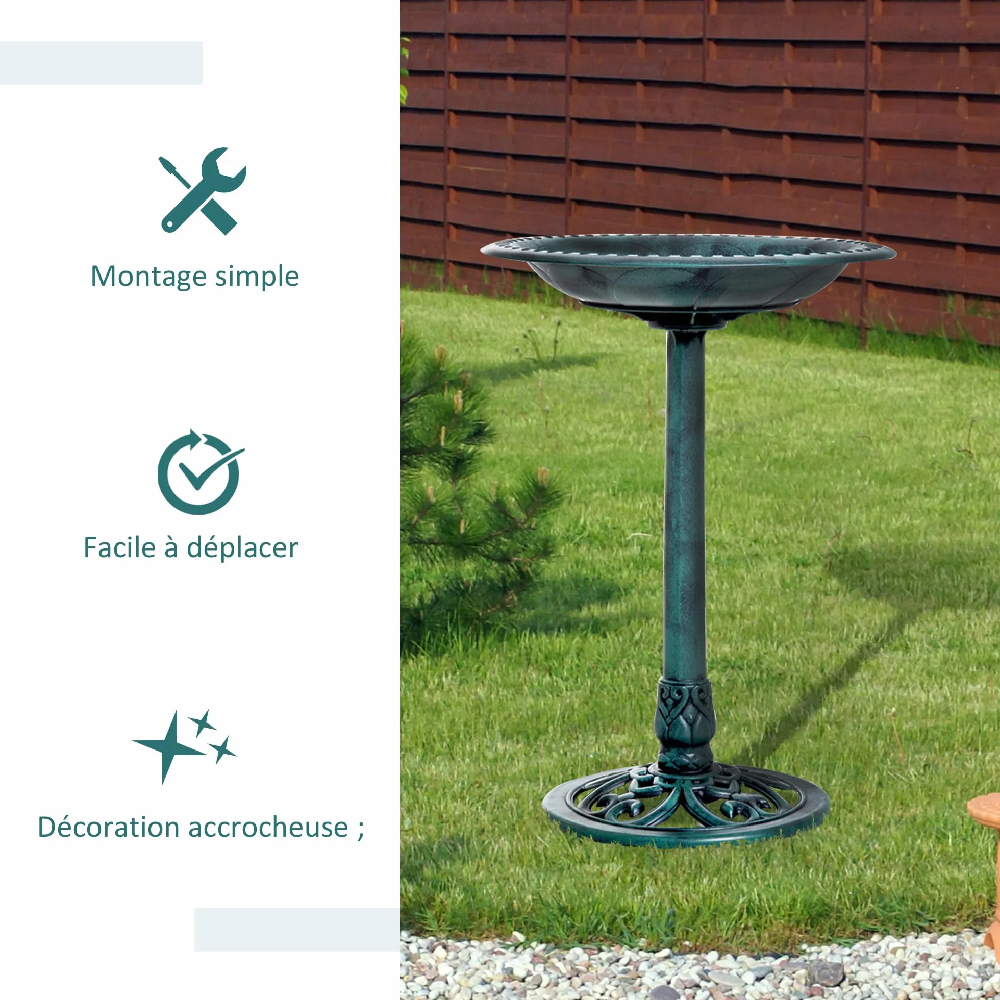 Outsunny Bain d'oiseaux Plateau 50cm, Abreuvoir Oiseaux extérieur Pied 69,5cm, Mangeoire Design Coquille Fleur-de-lys