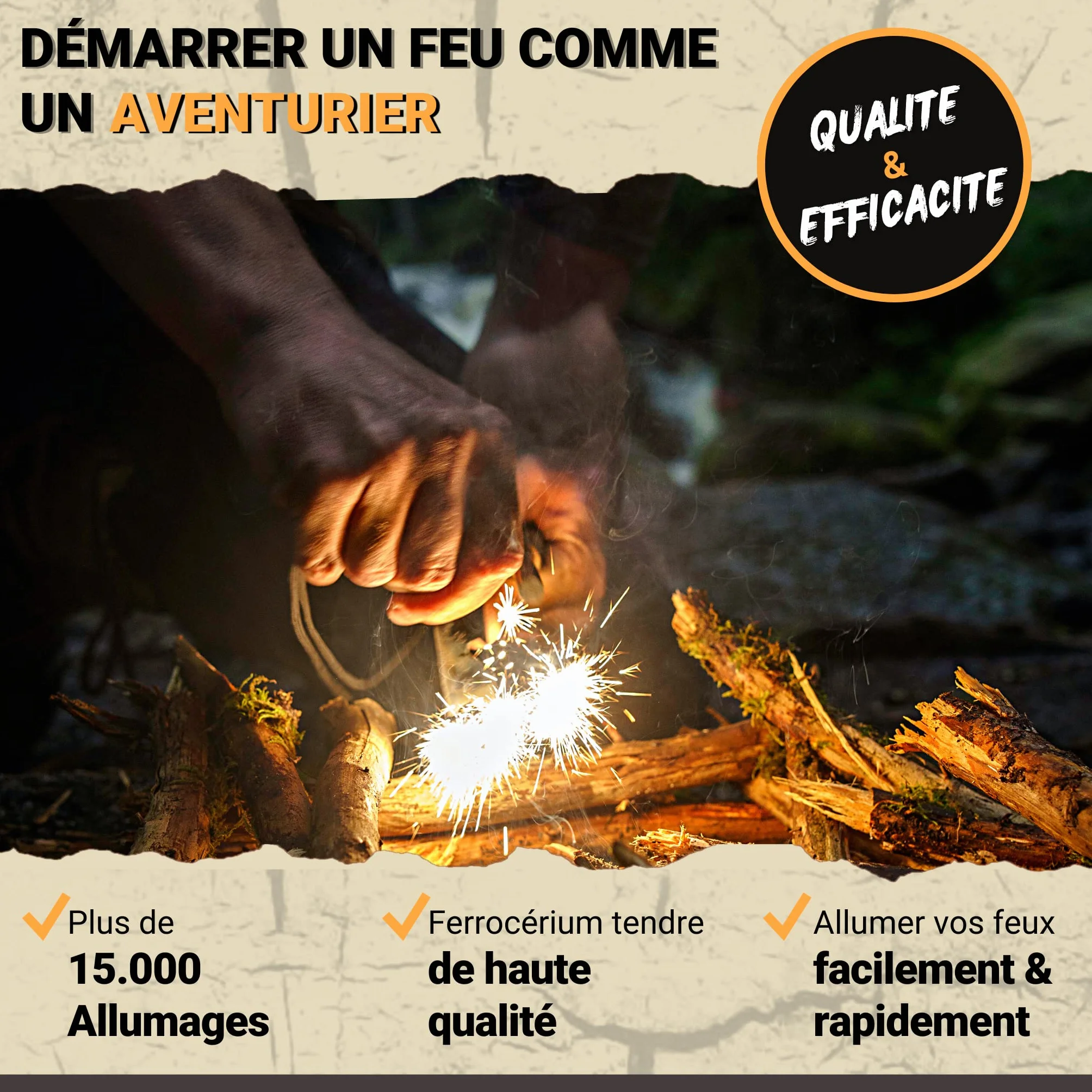 Kit Firesteel XL 10mm - Pierre à Feu de Survie - Barre Magnésium 15 000 utilisations - Allume Feu Naturel