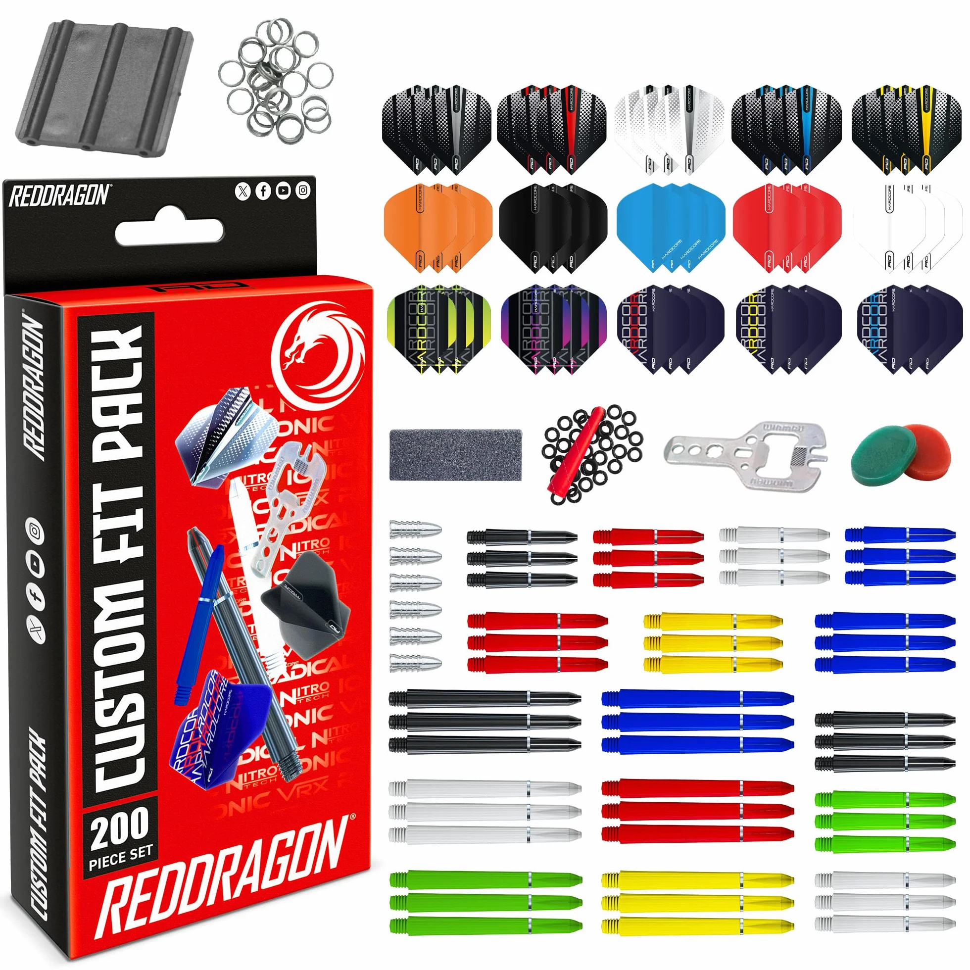 RED DRAGON Lot de 200 Accessoire de Flechettes Professionnelle - Ailettes pour Fléchettes, Tiges, Pointe, et Plus | Convient aux Fléchette Pointe Souple et aux Flechette Pointe Acier