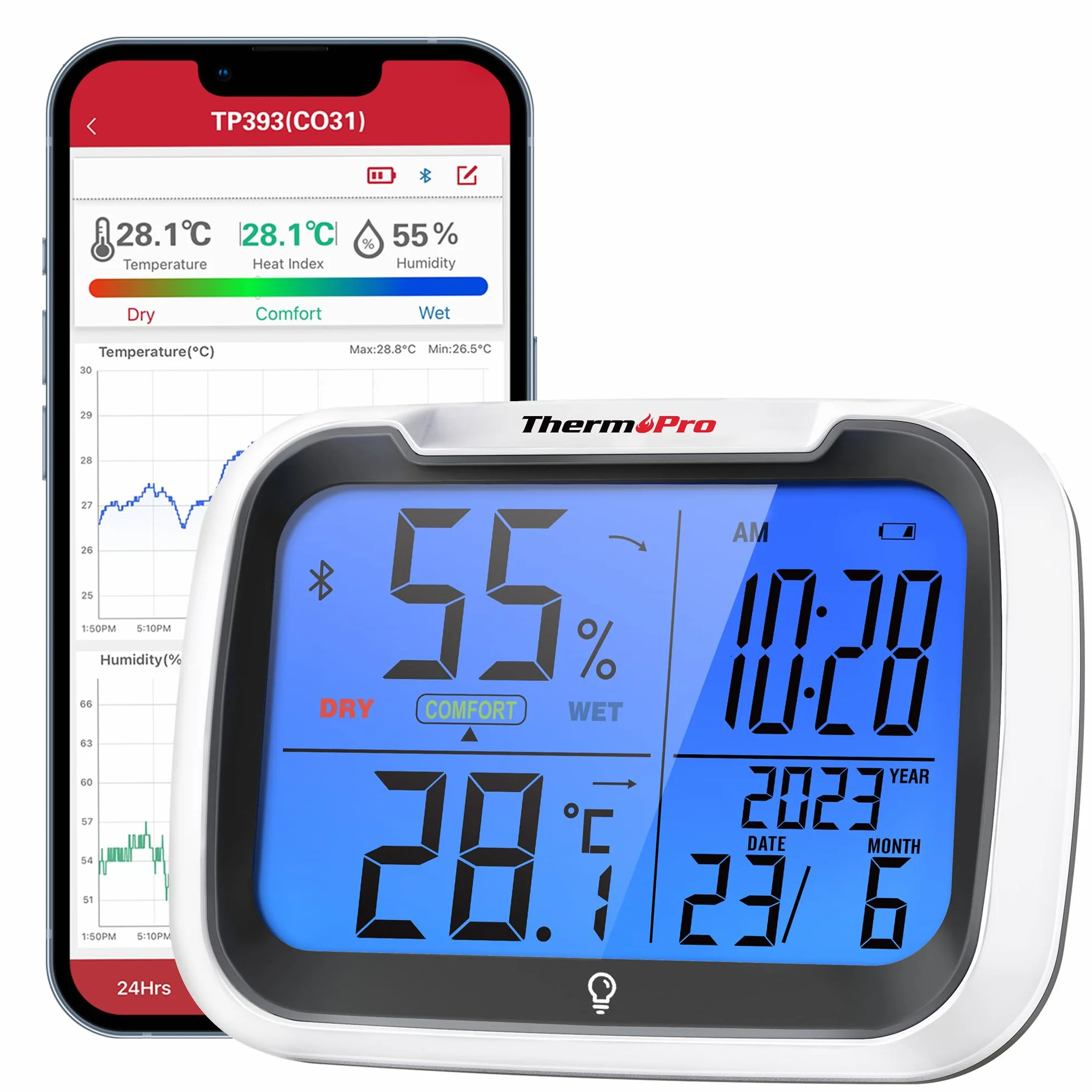 ThermoPro TempPro TP393B Hygromètre numérique Bluetooth Thermomètre d'ambiance maison température humidité