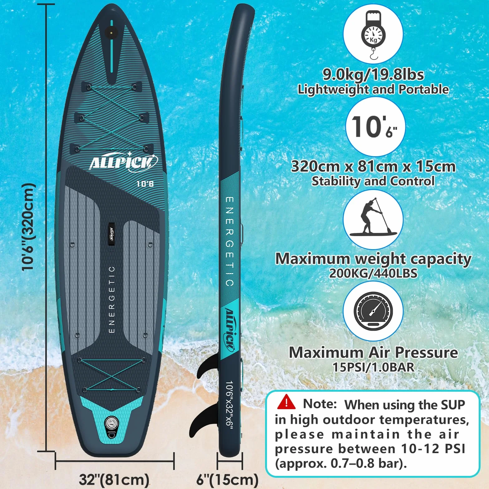 ALLPICK Paddle Gonflable, Kit de Padelsurf de Stand Up Paddle Sup Gonflable de 320 cm, avec Support Universel pour Caméra, Pagaie réglable, Débutants et confirmés, 200 kg