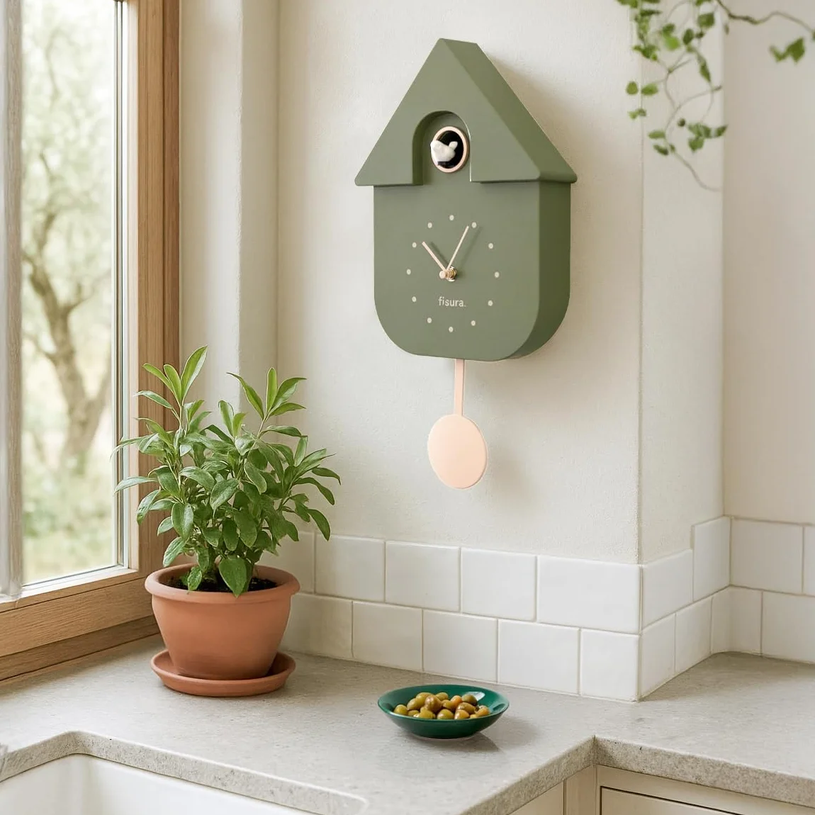 Fisura Horloge Coucou Vert Olive Cadran Beige Murale Originale ABS 21,5x8x41,5 cm