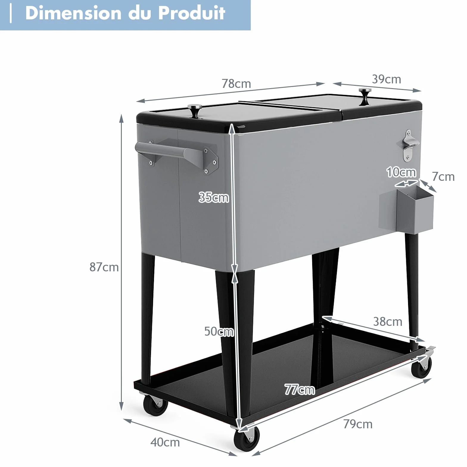 COSTWAY Chariot Isotherme Roulant 76 litres Réfrigérant avec Roulettes Universelles Ouvre-Bouteille
