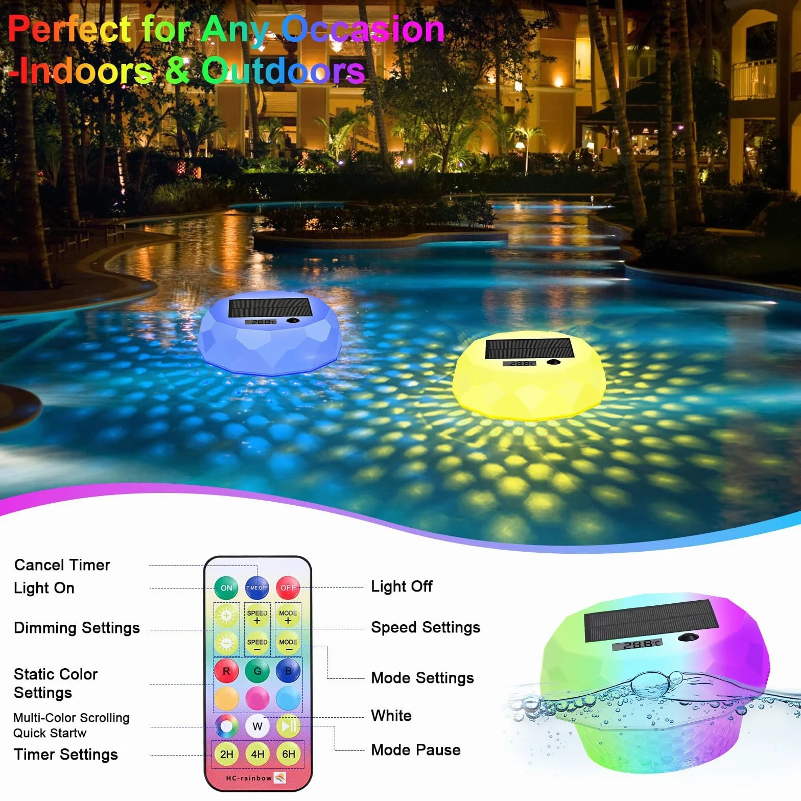 Lumiere Solaires Piscine LED RGB avec Thermomètre Télécommande IP68 Lampe Flottante