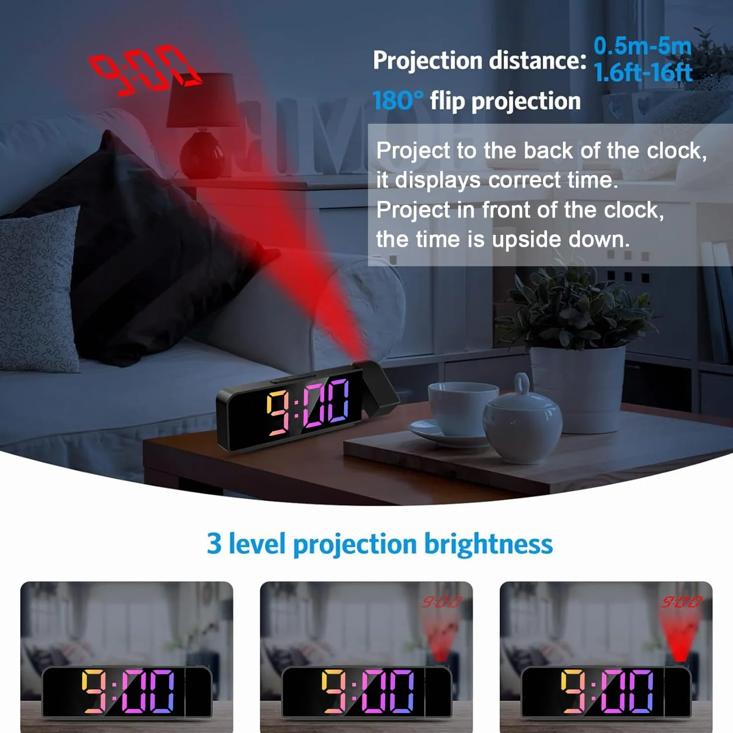 Réveil numérique à projection avec variateur d'intensité pour chambre à coucher