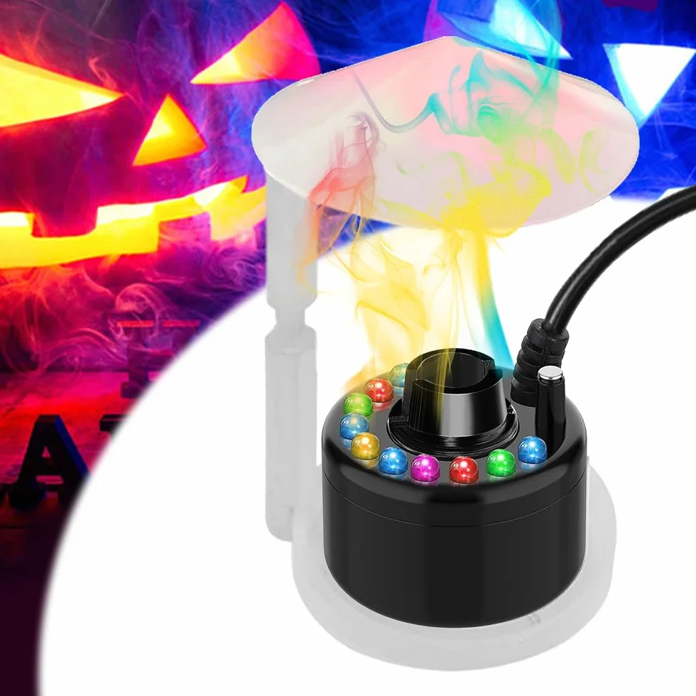 Brumisateur Ultrason Machine à Fumée Halloween 12 LED Colorées Mist Maker Protection Anti Flotteur