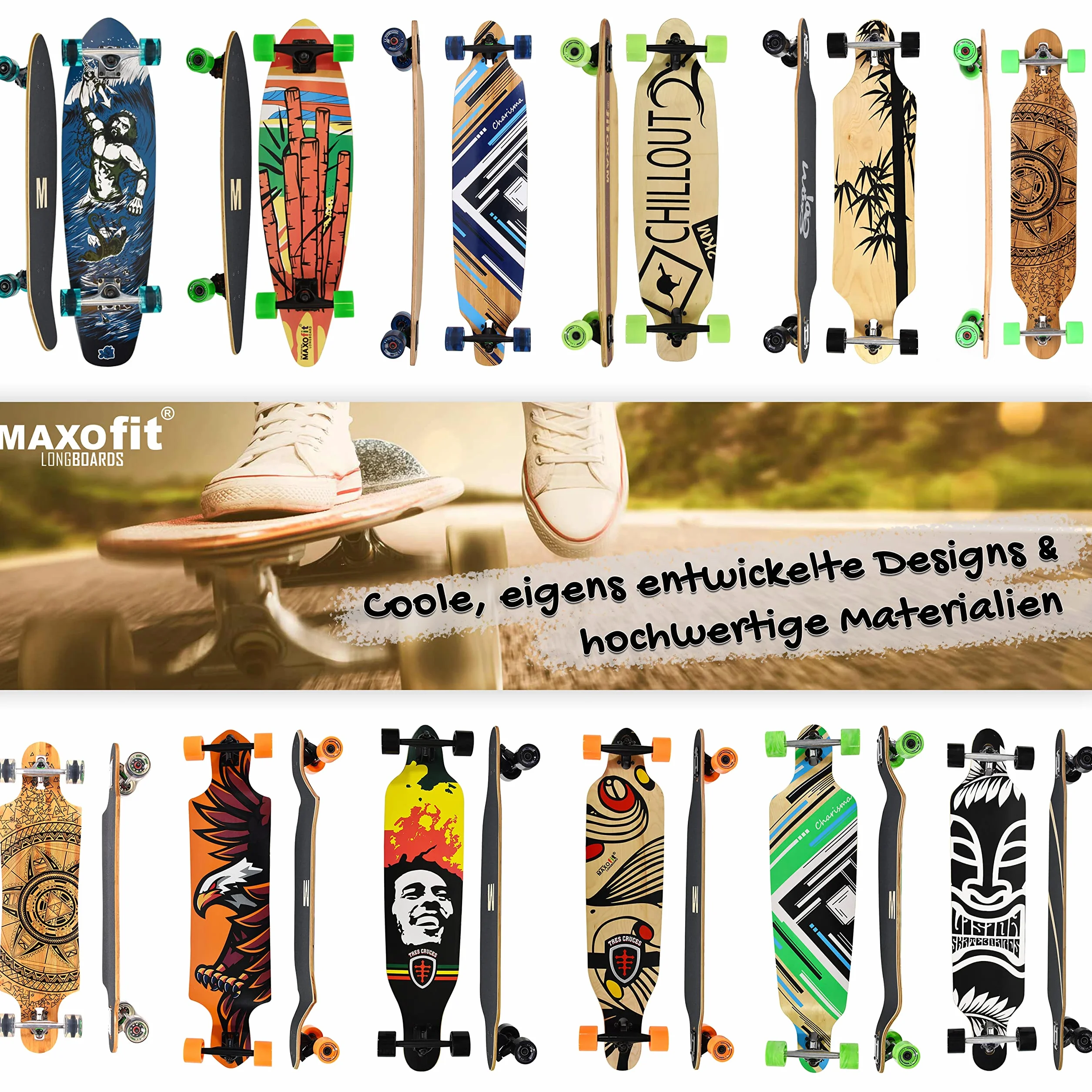 Maxofit Longboard dans différents Designs avec Planches en érable/Bambou de qualité supérieure pour débutants et confirmés