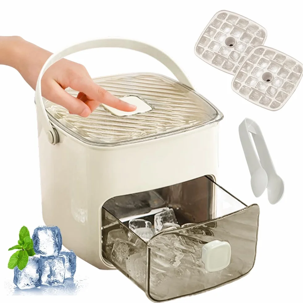 Machine à glaçons avec bac à glaçons réutilisables, 48 grilles, tiroir, pour cocktails, café, cuisine (blanc)