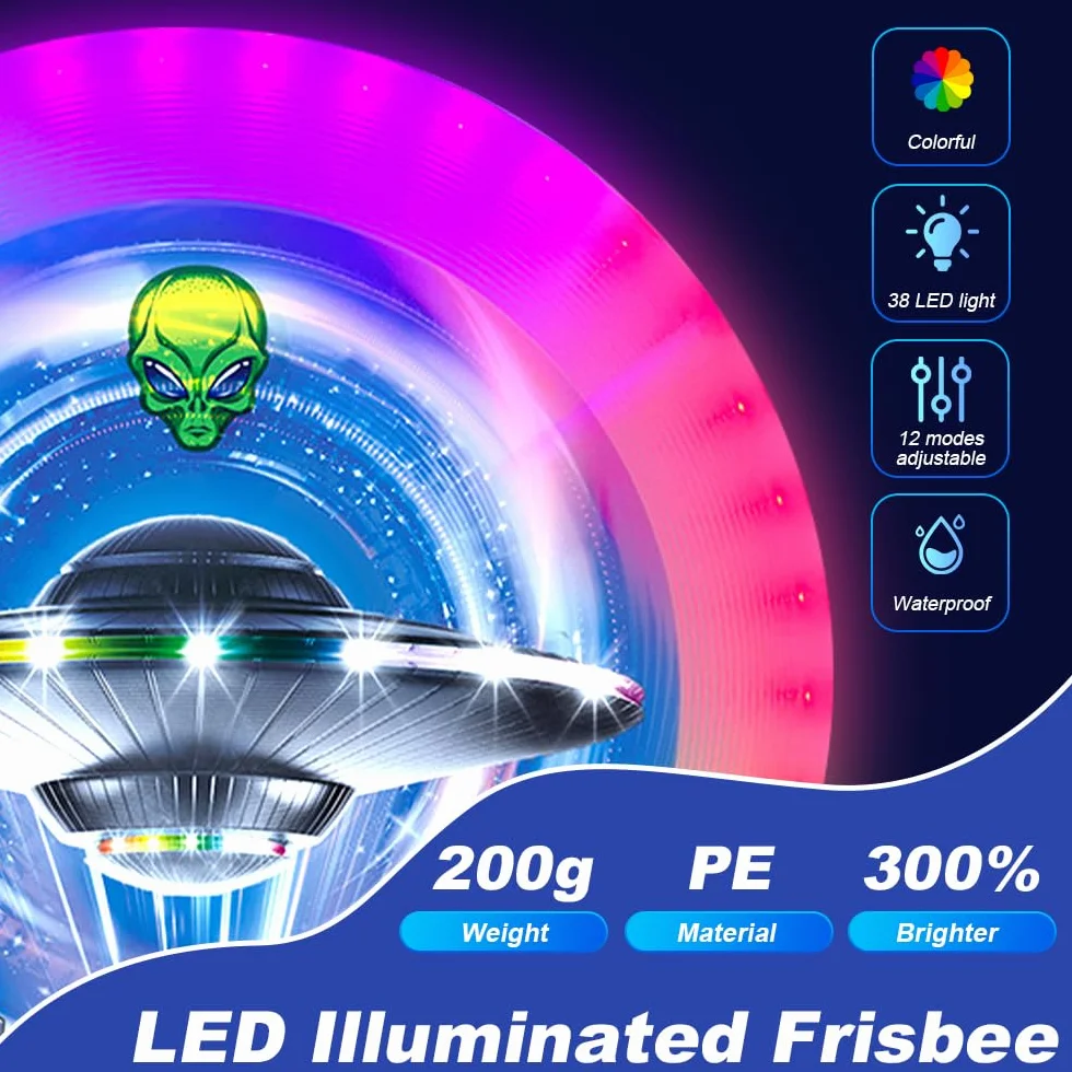 Frisbee Lumineux LED 12 Effets Etanche Batterie Rechargeable 38 Lumières Extérieur