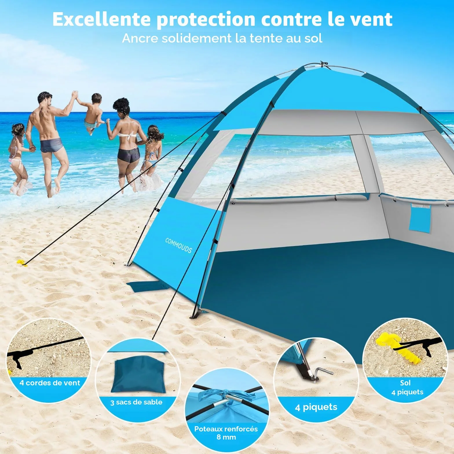 COMMOUDS Tente de Plage Anti UV pour 3-4 Personnes, Familiale, Facile à Installer Et à Transporter - Parasol pour Camping, Pêche, Extérieur