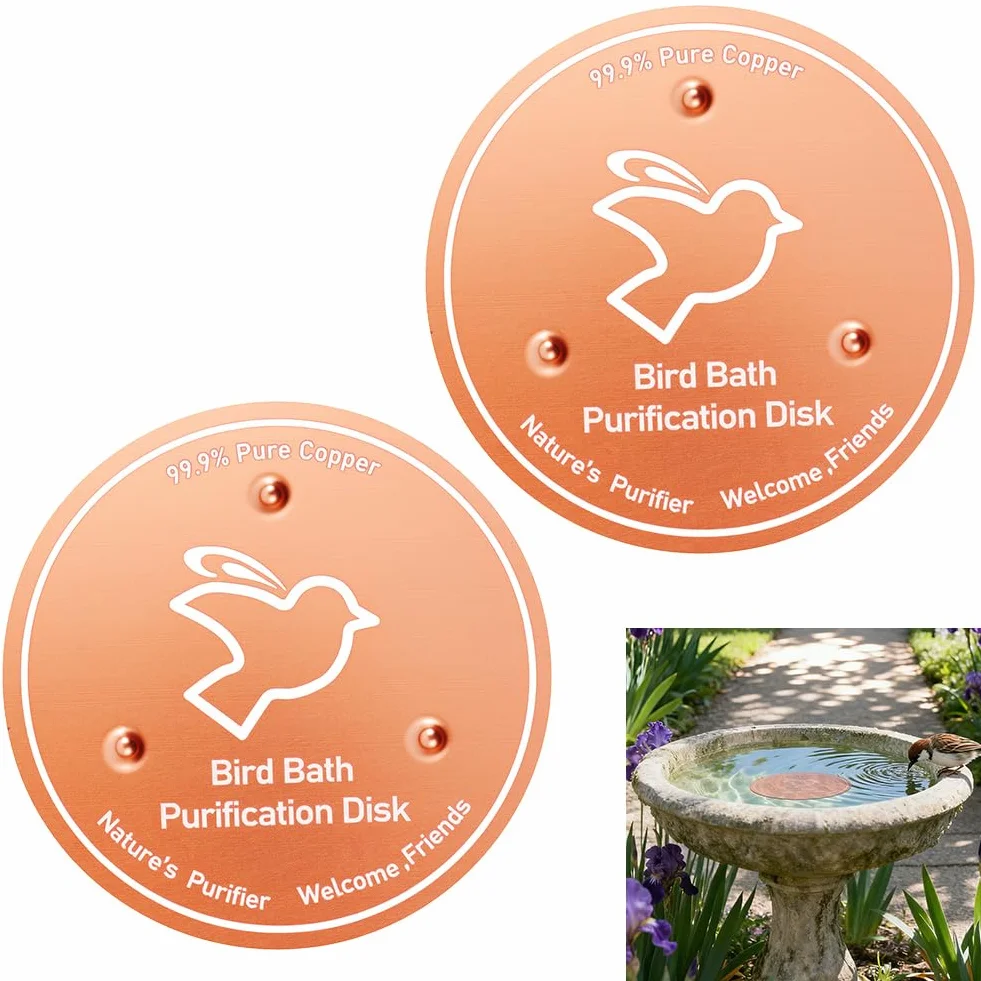Disque de Purification pour Bain d'oiseaux en Cuivre 99,99% avec Support, pour Extérieur Jardin