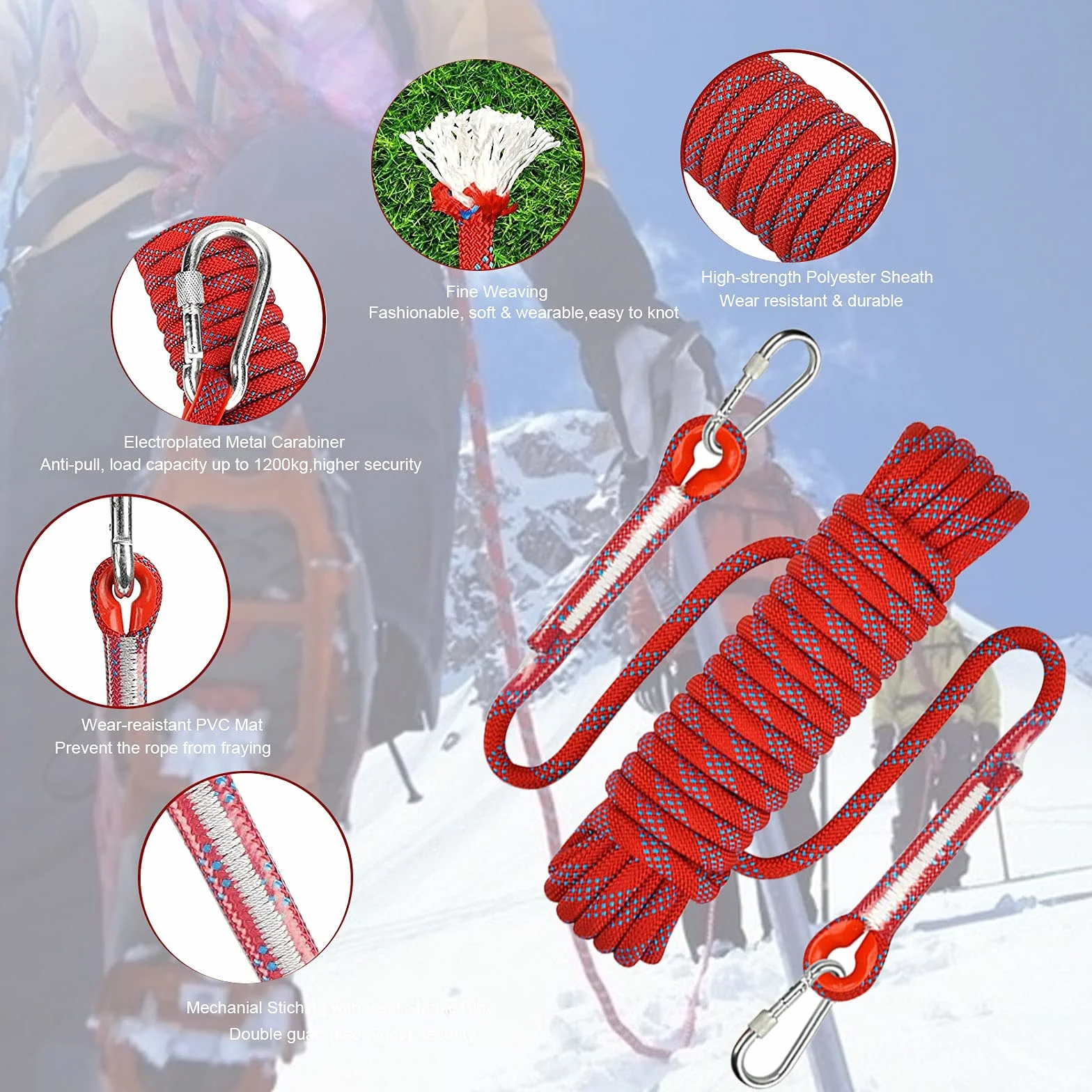 Corde d'escalade 10 m 8 mm Nylon tressée haute résistance 2 mousquetons